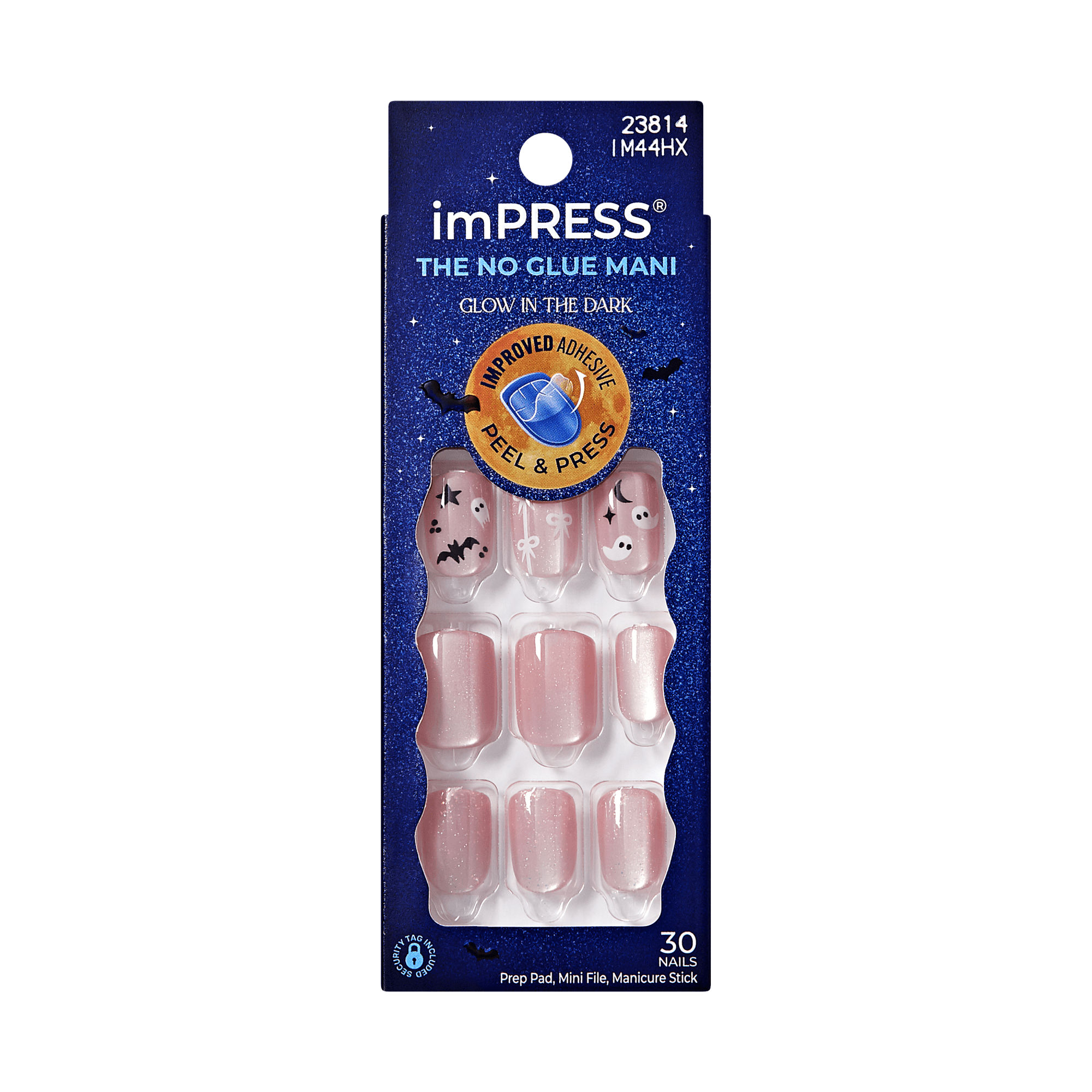 Impress Design Halloween No Glue Fake Press On Nails - Broom & Bloom | Design, Pink, Short, Squoval, Glow In The Dark, Manicure