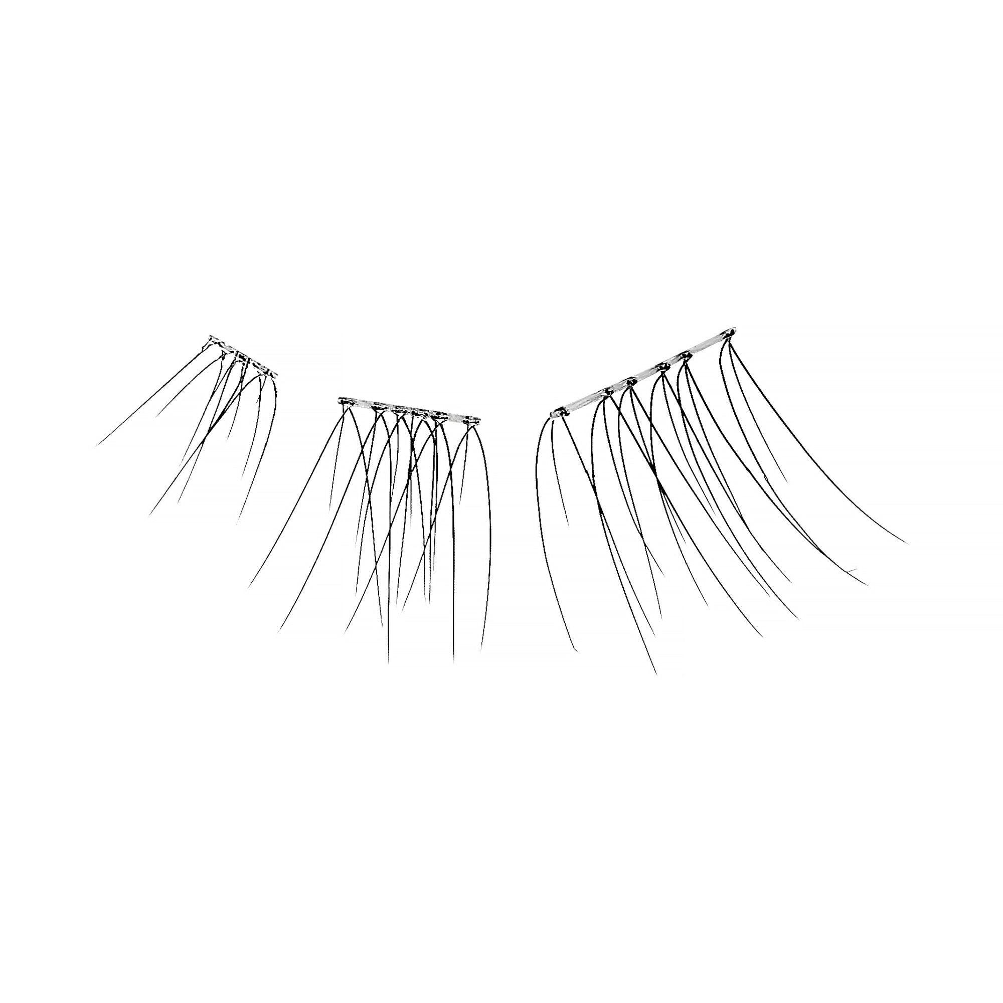 The image features a set of false eyelashes. There are three clusters of lashes, each with a varying length and density. The lashes are thin and delicate, designed to enhance the appearance of natural eyelashes. The overall look is elegant and suitable for makeup applications, providing a dramatic effect for the eyes.