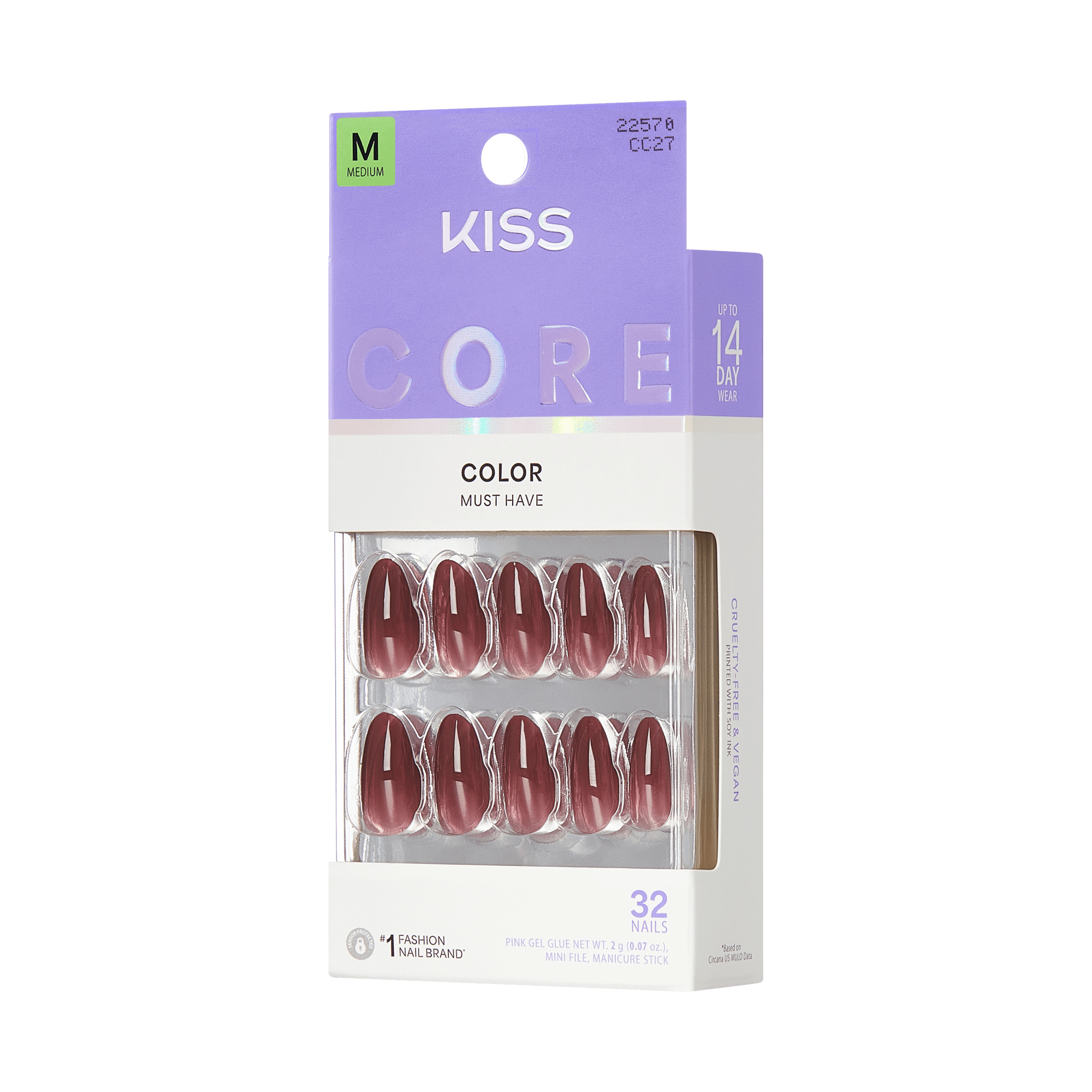 KISS Core Color Must Have Medium Fake Nails, 32-Pack, Burgundy Red