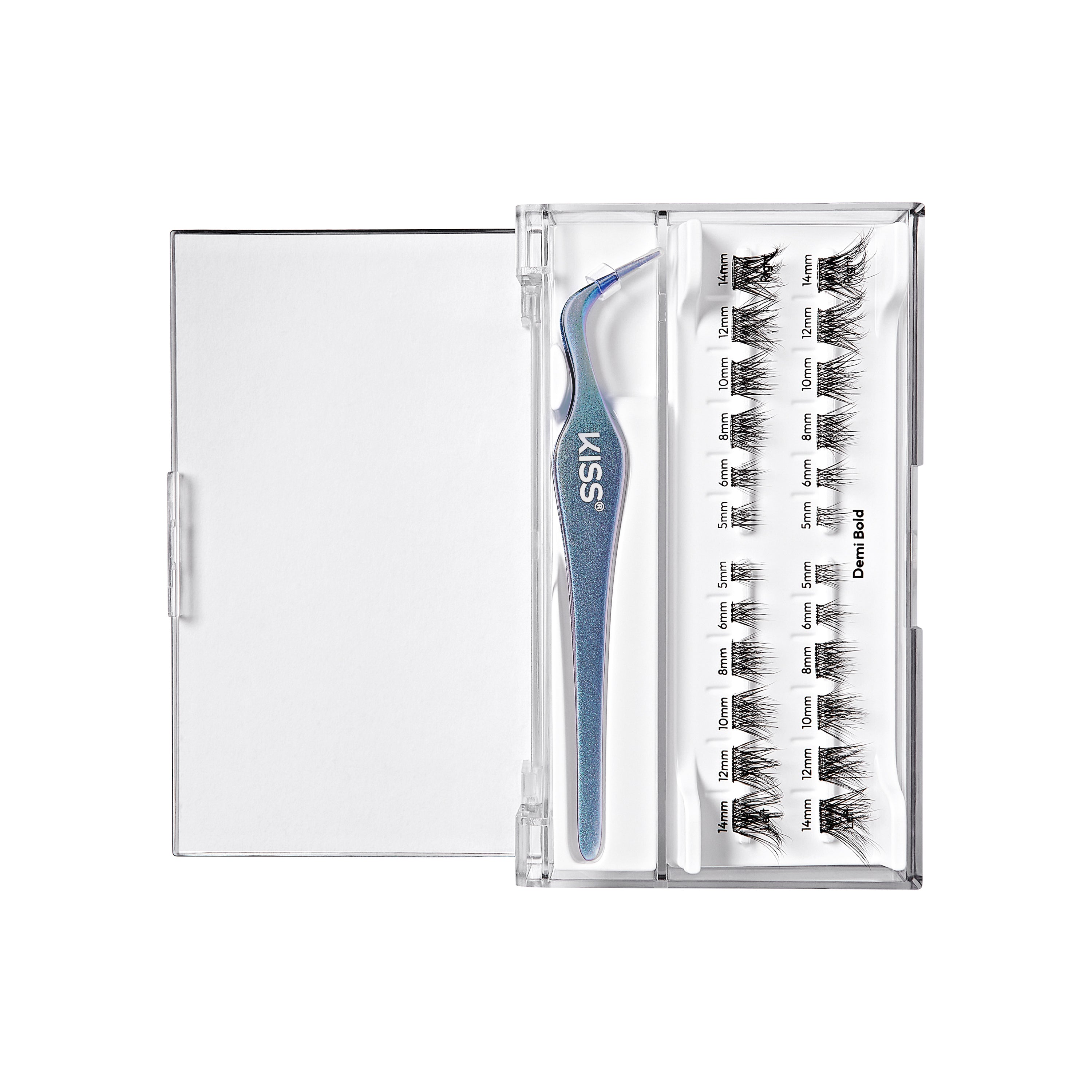 The image features a clear plastic case containing a set of false eyelashes. Inside the case, there are multiple rows of individual lashes, each labeled with different styles or lengths. Accompanying the lashes is a pair of tweezers designed for easy application. The tweezers have a blue handle and are positioned next to the lashes, making it convenient for users to pick and apply the desired lash style. The overall presentation is neat and organized, ideal for makeup enthusiasts.