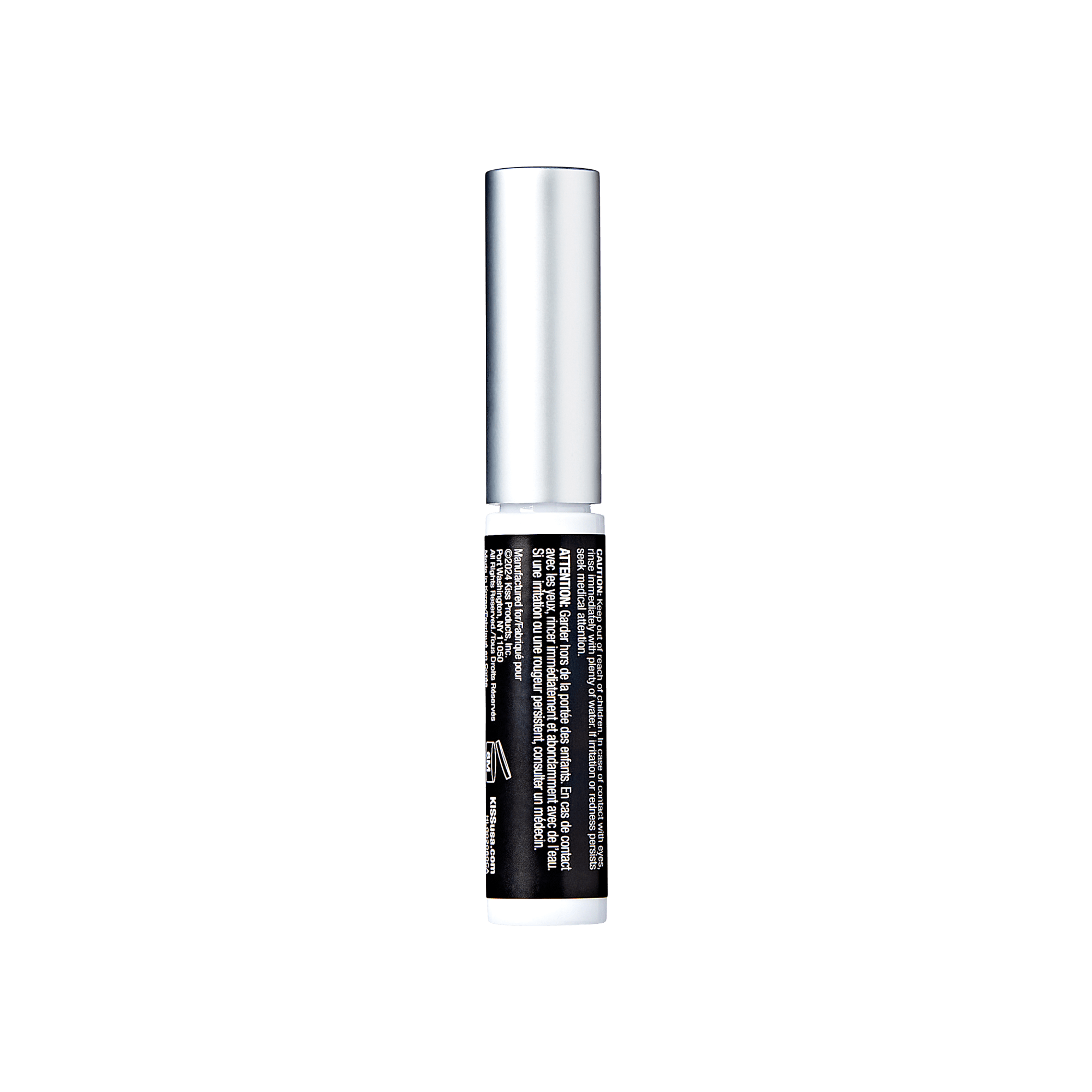 Black mascara tube with silver cap and product information label on white background.