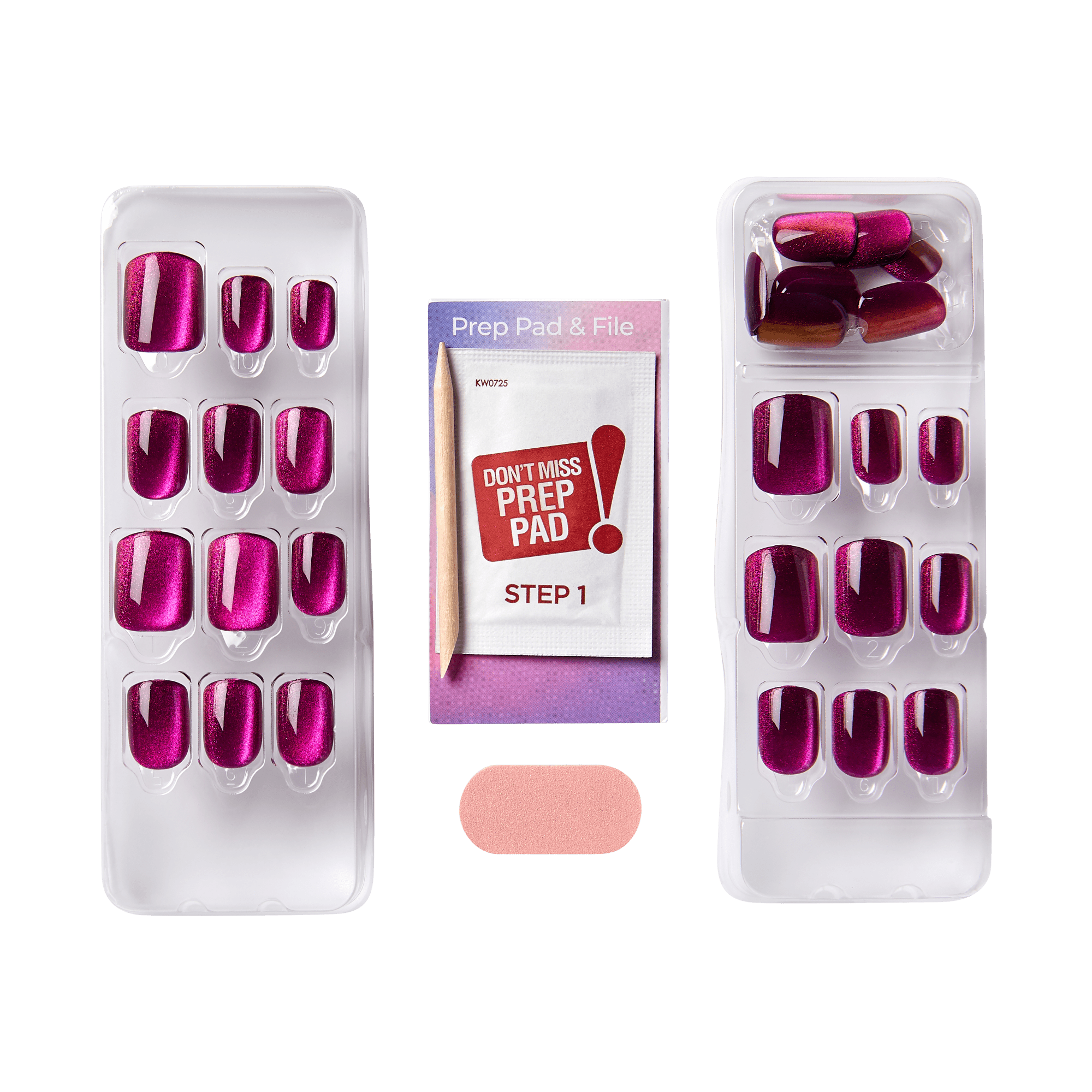 The image shows a set of artificial nails and related accessories. There are two plastic trays, each containing a variety of artificial nails in different sizes. The nails are a shiny, metallic pink color. Between the trays, there is a small packet labeled "Prep Pad & File" with the instruction "Step 1" and a warning "Don&