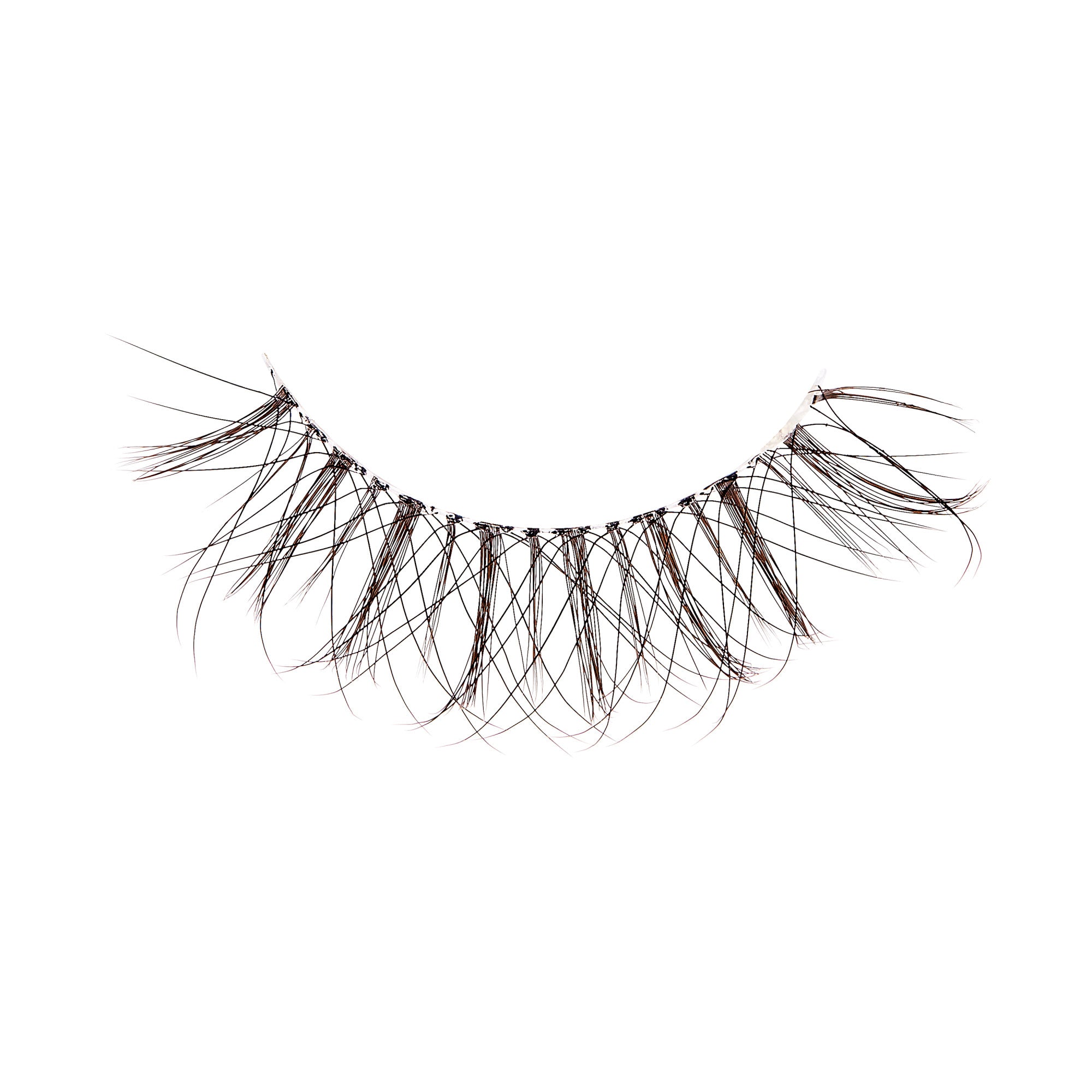 The image shows a single false eyelash. The eyelash is curved and features long, wispy strands that are designed to mimic natural eyelashes. The strands are black and vary in length, creating a voluminous and fluttery appearance. The base of the eyelash is a thin, flexible strip that allows for easy application to the eyelid. The overall design is intended to enhance the fullness and length of the wearer&