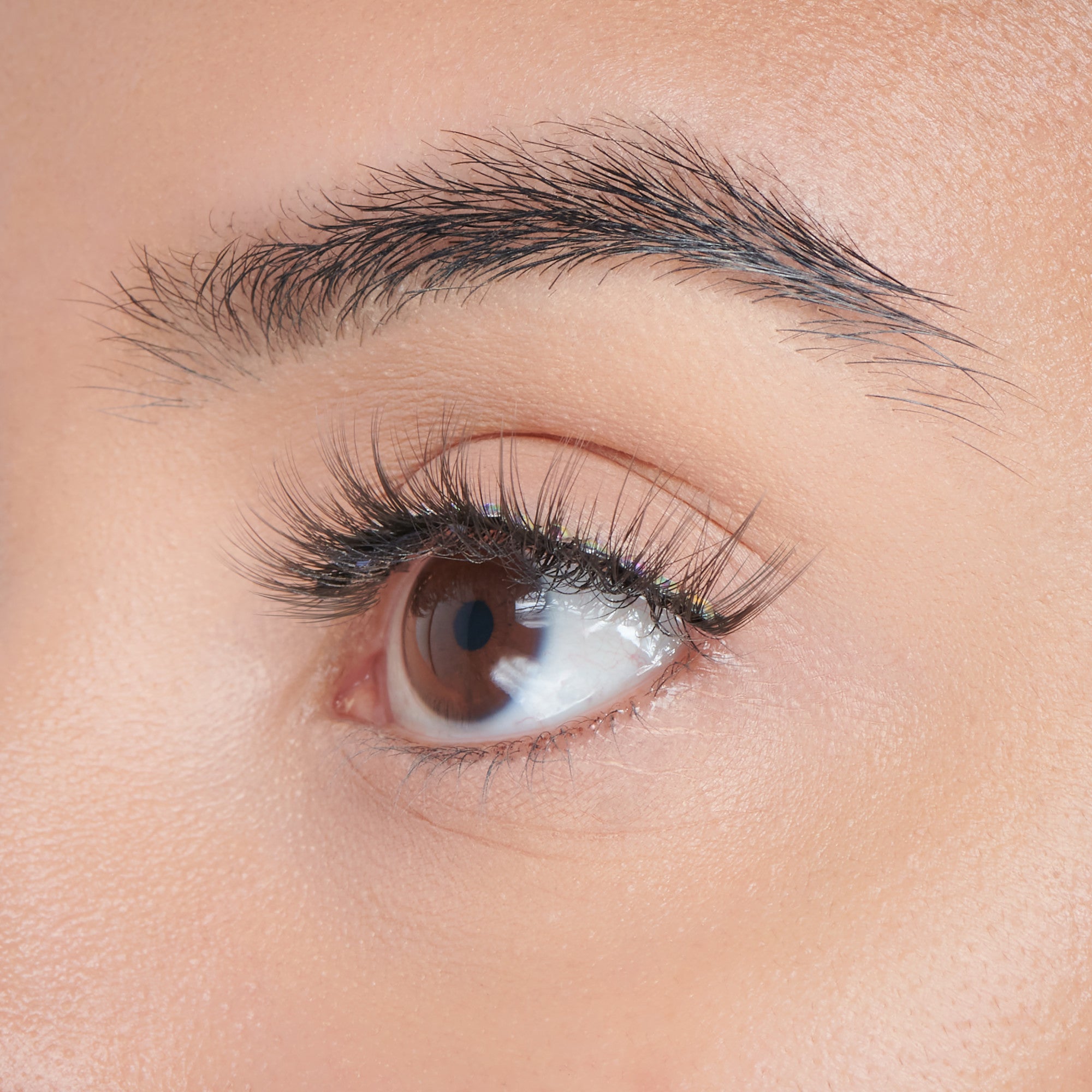 Close-up of a brown eye with long, black decorated false lashes featuring small, colorful gem accents along the lash line for a lustrous shine effect.