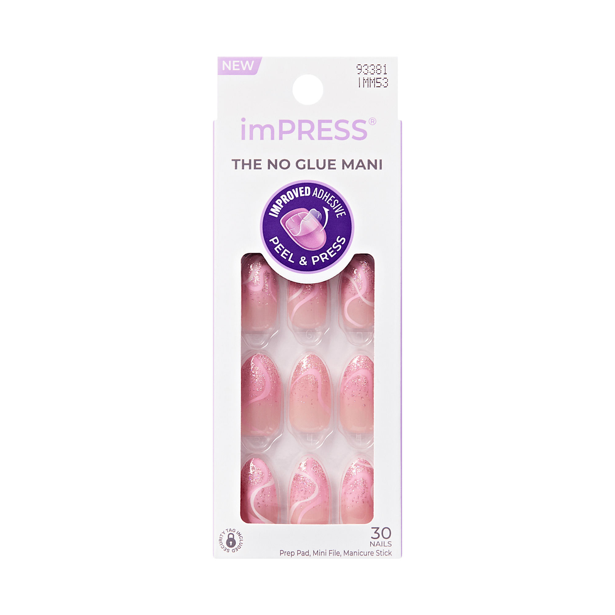 White rectangular packaging of imPRESS press-on nails with a clear window showing 12 pink nails with glitter and swirl designs. Text includes “THE NO GLUE MANI,” “IMPROVED ADHESIVE PEEL & PRESS,” and “30 NAILS” plus mention of included prep pad, mini file, and manicure stick.
