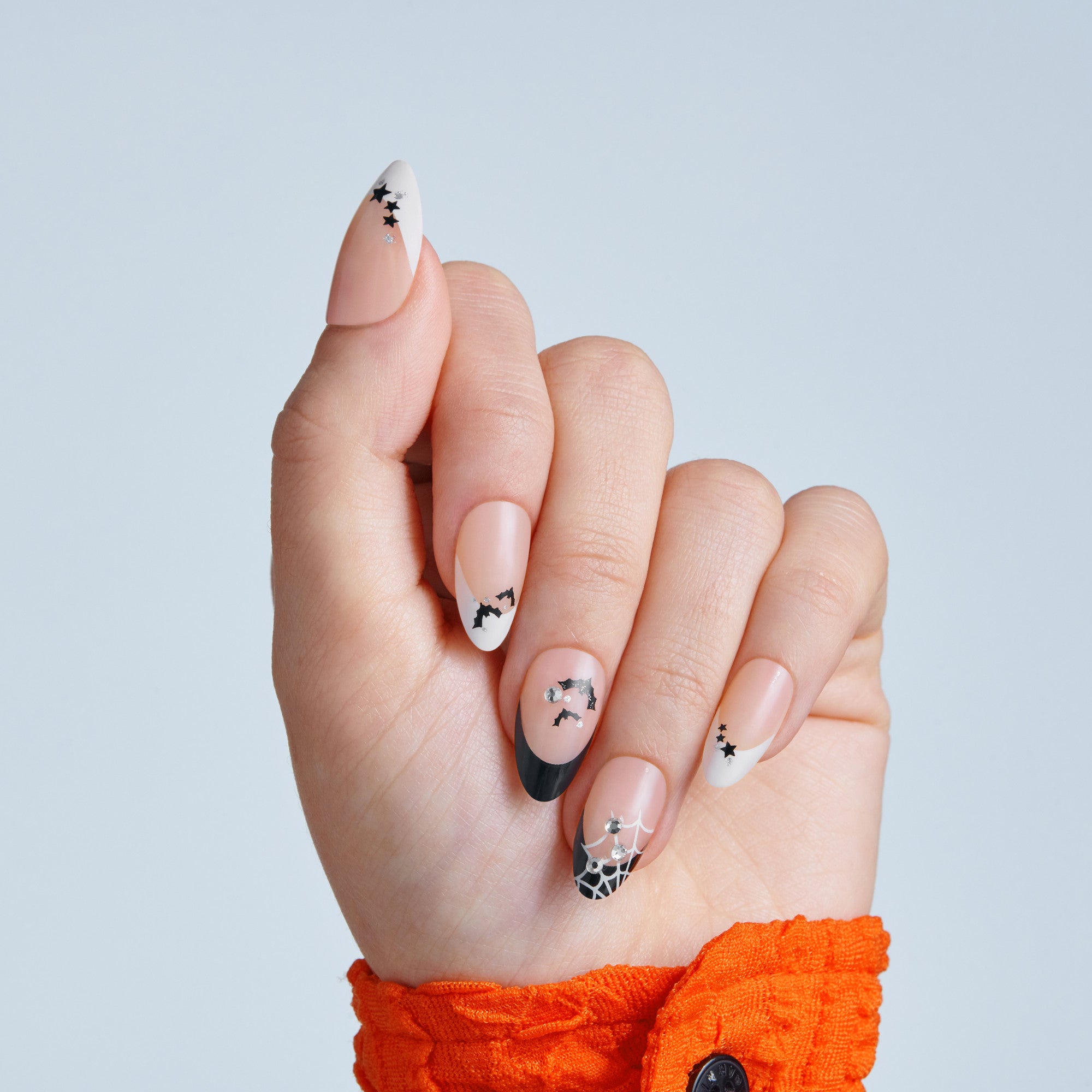 Kiss Haunt Halloween Press On Fake Glue Nails - HalloQueen | French Design, Black & White, Medium, Almond, Glow In The Dark