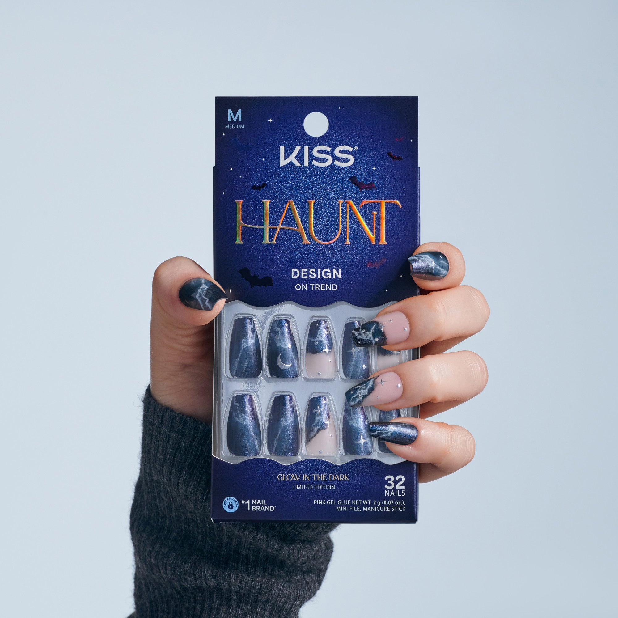 Kiss Haunt Halloween Press On Fake Glue Nails - Spookalicious | Design, Black, Medium, Coffin, Glow In The Dark