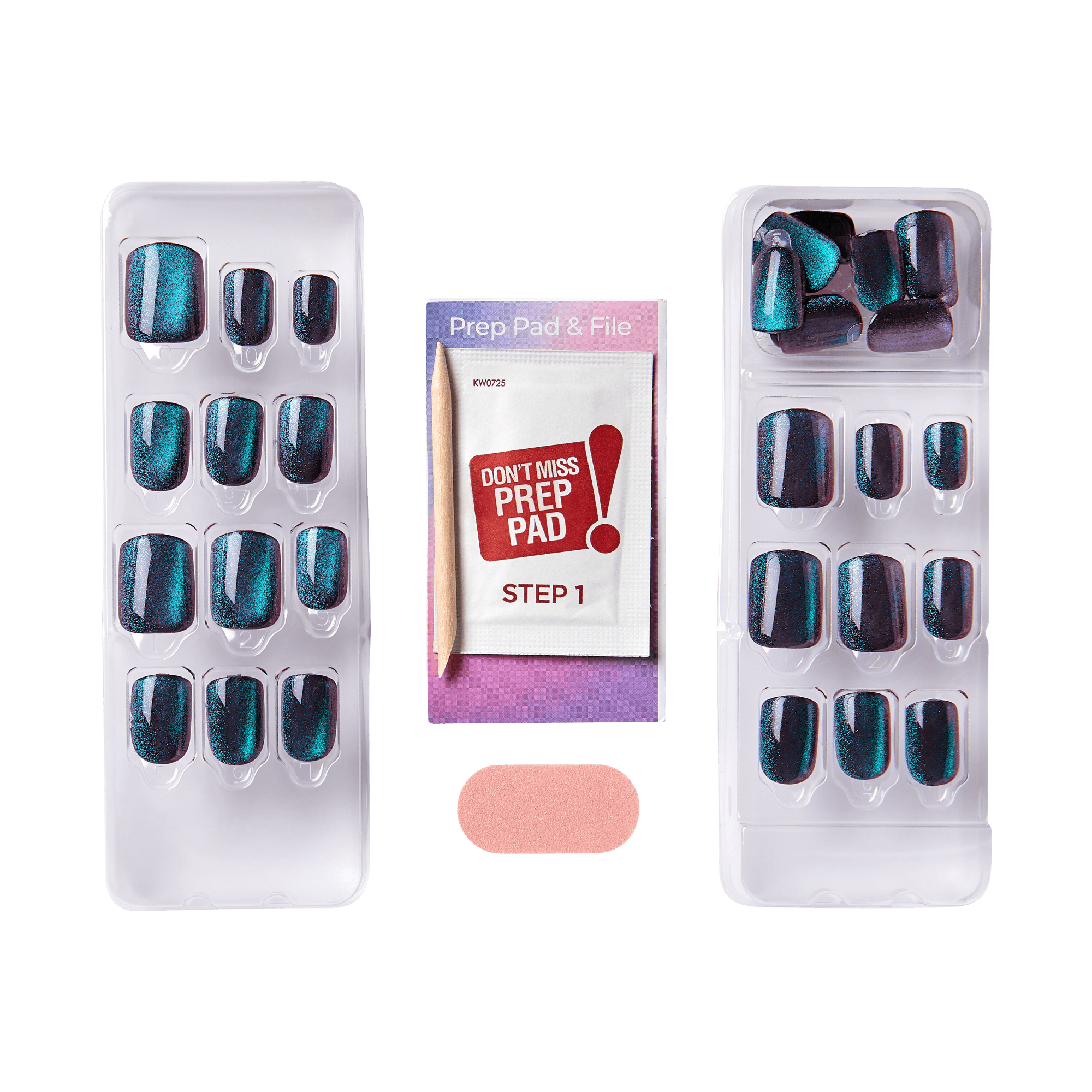 The image shows a set of artificial nails and nail preparation tools. There are two plastic trays, each containing a set of artificial nails in various sizes. The nails have a shiny, metallic blue-green finish. Between the trays, there is a small packet labeled "Prep Pad & File" with the instruction "Step 1" and a warning "Don&