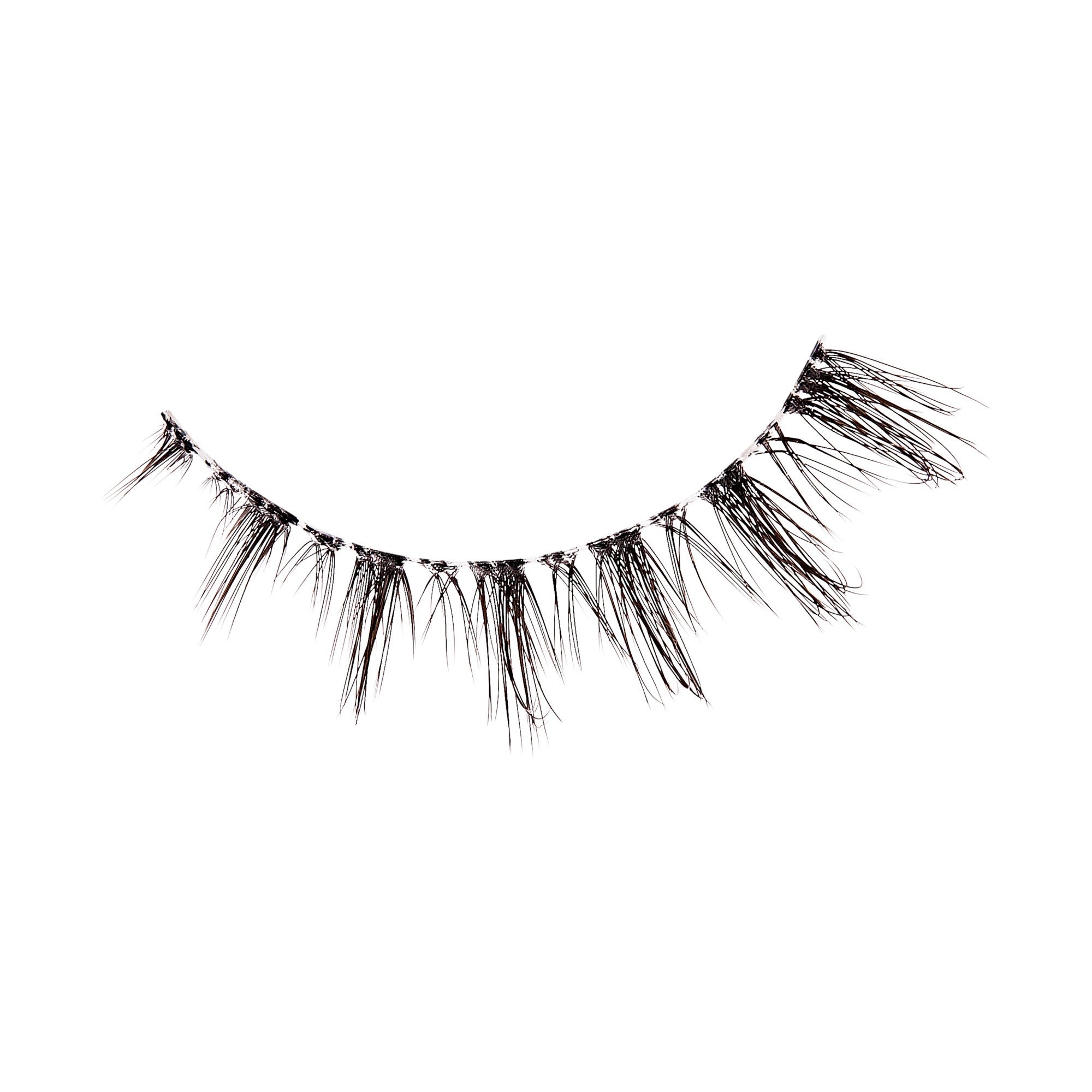 The image shows a single strip of false eyelashes. The eyelashes are arranged in a semi-circular shape, with individual lashes of varying lengths attached to a thin, flexible band. The lashes are dense and appear to be made of synthetic fibers, designed to enhance the volume and length of natural eyelashes when applied. The overall appearance is dramatic, suitable for creating a bold eye makeup look. The background is plain white, highlighting the details of the eyelashes.