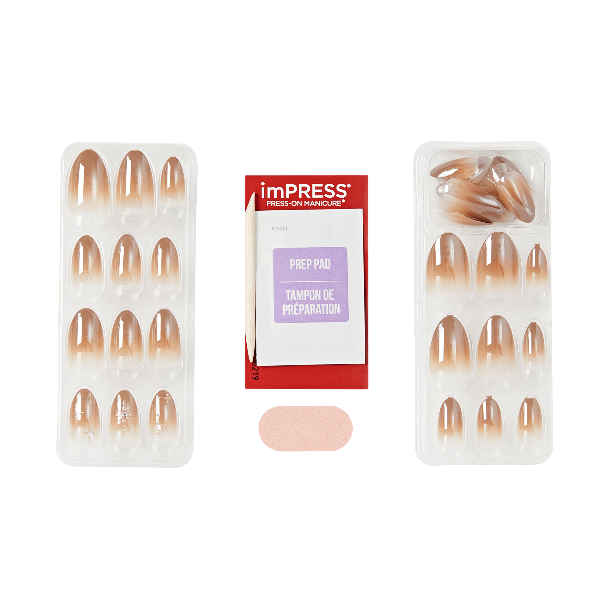 Impress Design No Glue Fake Press On Nails - Crisp | 3D & Jewel Design, Brown, Medium, Almond, Manicure