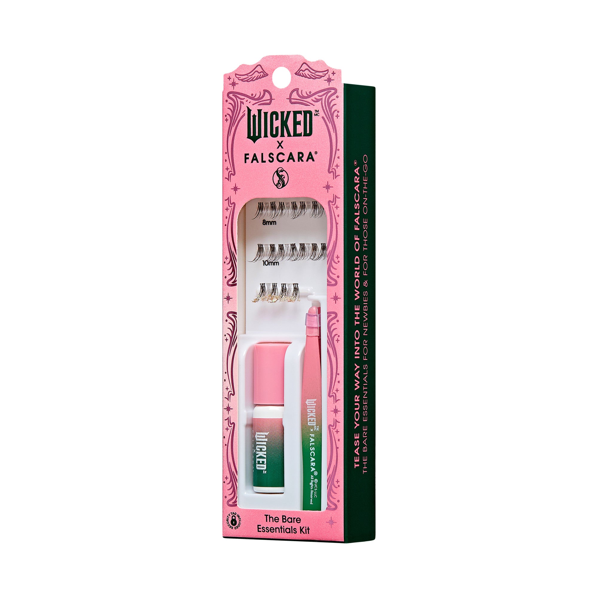 The image features a product packaging for the "Wicked x Falscara The Bare Essentials Kit." The kit is designed for eyelash application and includes several components. The packaging is colorful, with a pink and green color scheme. It showcases the brand names "Wicked" and "Falscara" prominently. The kit contains items such as a lash applicator and adhesive, along with a set of false eyelashes. The design is eye-catching, aimed at attracting customers interested in beauty and makeup products.