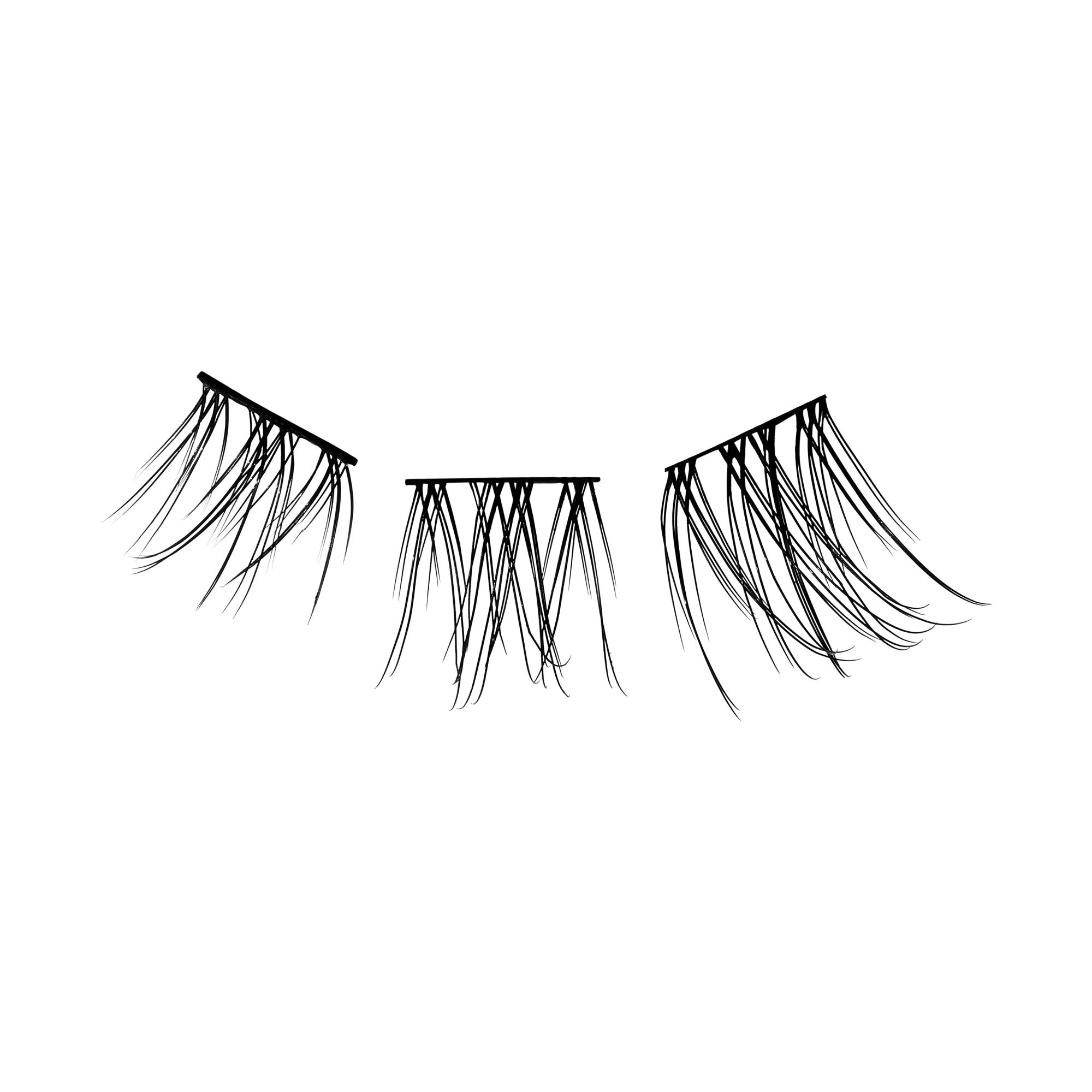 The image features three pairs of false eyelashes arranged in a row. Each pair has a distinct style, showcasing varying lengths and thicknesses of the individual lashes. The lashes are depicted in a simple black color against a white background, emphasizing their delicate and intricate design. The overall look is elegant and highlights the beauty accessory&