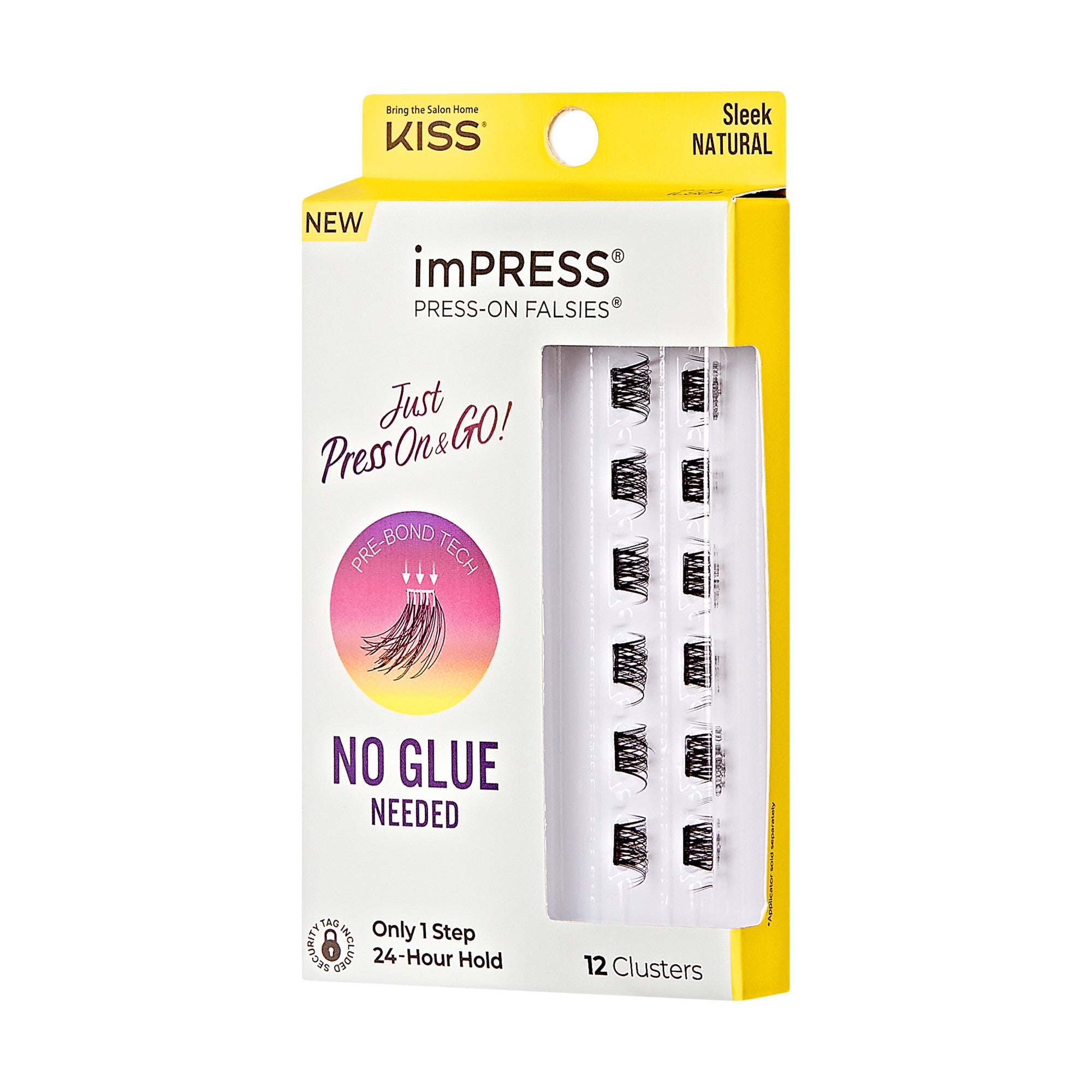 The image shows a product package for "imPRESS Press-On Falsies" by KISS. The packaging is primarily yellow and white, with a clear plastic window displaying 12 clusters of false eyelashes inside. The product is advertised as "Sleek Natural" and "NEW." Key features highlighted on the packaging include "Just Press On & GO!" and "NO GLUE NEEDED," indicating that the lashes can be applied without adhesive. The package also mentions "Pre-Bond Technology" and promises "Only 1 Step" and "24-Hour Hold.