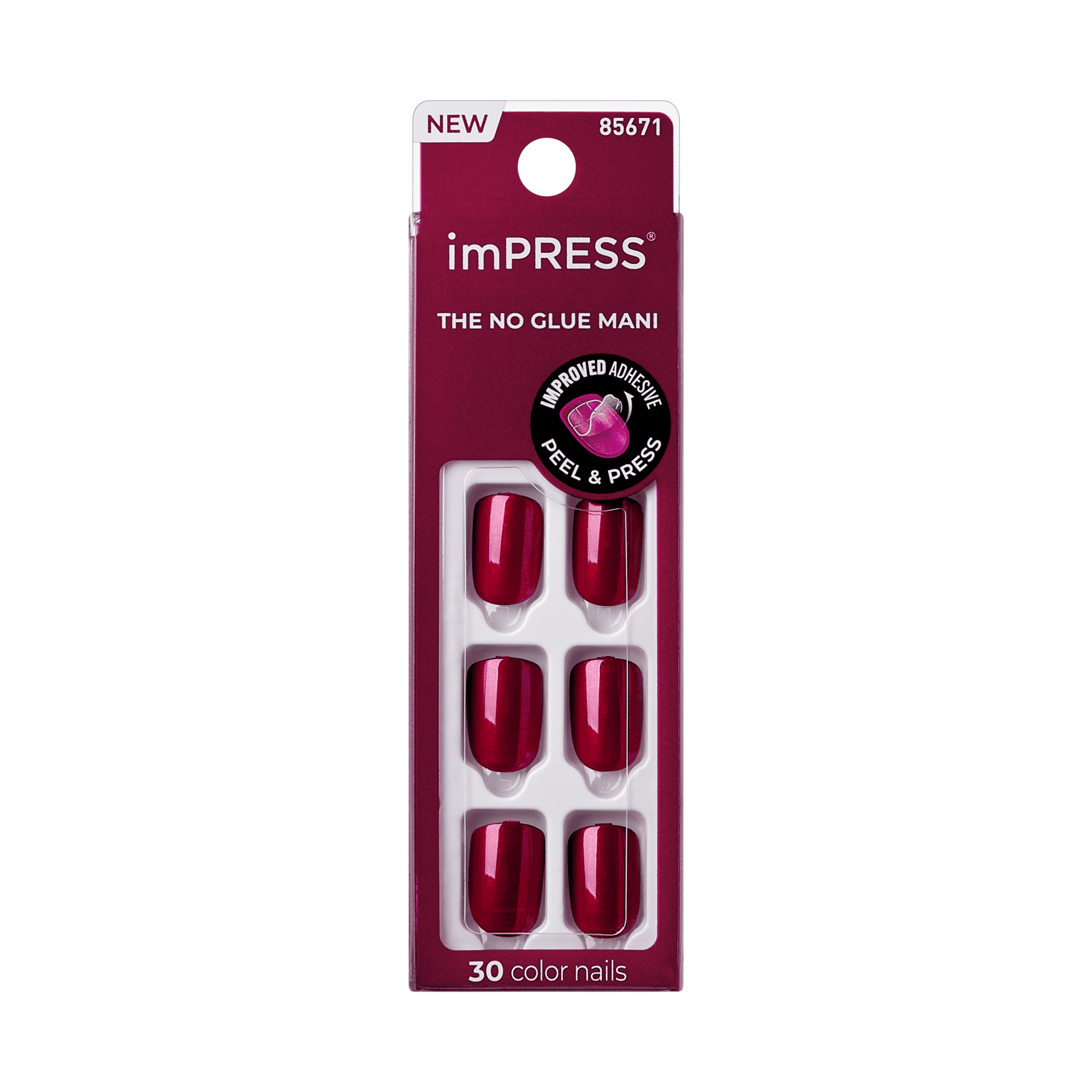 The image shows a package of imPRESS press-on nails. The packaging is predominantly maroon and white. The top of the package has the word "NEW" and the number "85671". Below that, the brand name "imPRESS" is prominently displayed, followed by the tagline "THE NO GLUE MANI". There is a circular label indicating "IMPROVED ADHESIVE PEEL & PRESS". The package contains 30 color nails, and six of the nails are visible through a transparent window. The nails are a glossy, deep red color.