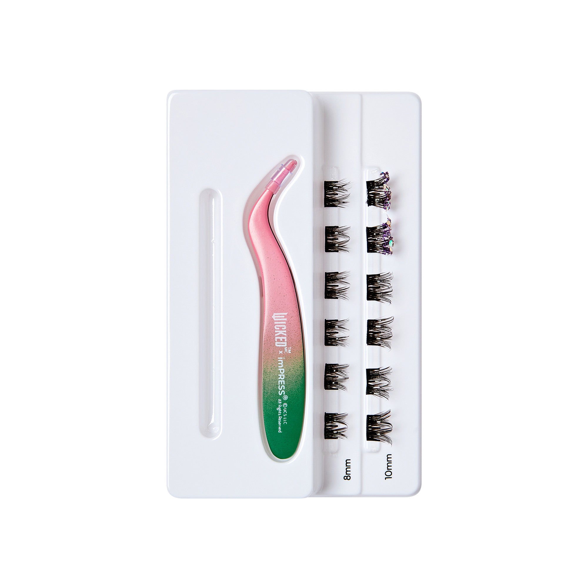 The image features a lash extension kit. It includes a pair of tweezers with a pink and green gradient handle, designed for precision application. The kit also contains rows of individual lash extensions, with lengths labeled as 8mm and 10mm. The lashes are arranged neatly on a white tray, showcasing their curl and texture, ideal for enhancing the appearance of natural eyelashes.