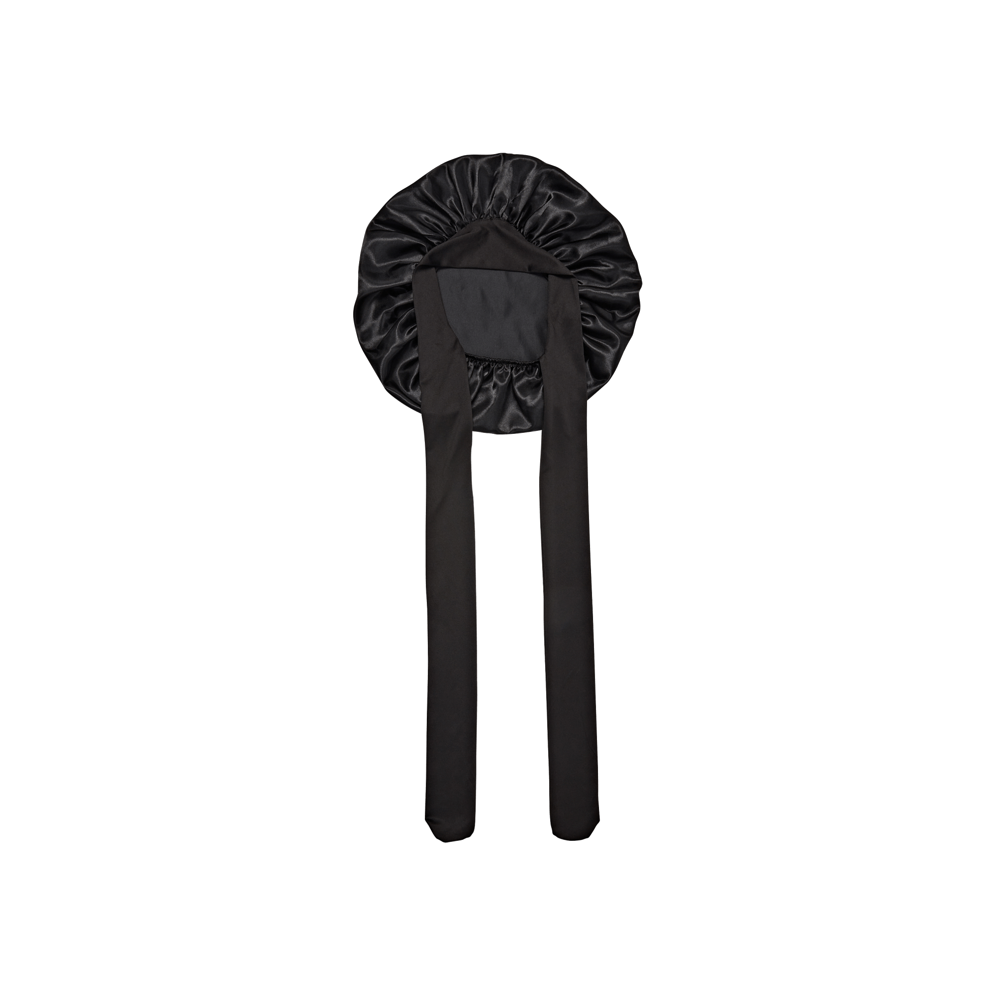 Black satin bonnet with long ties for hair protection and sleep.