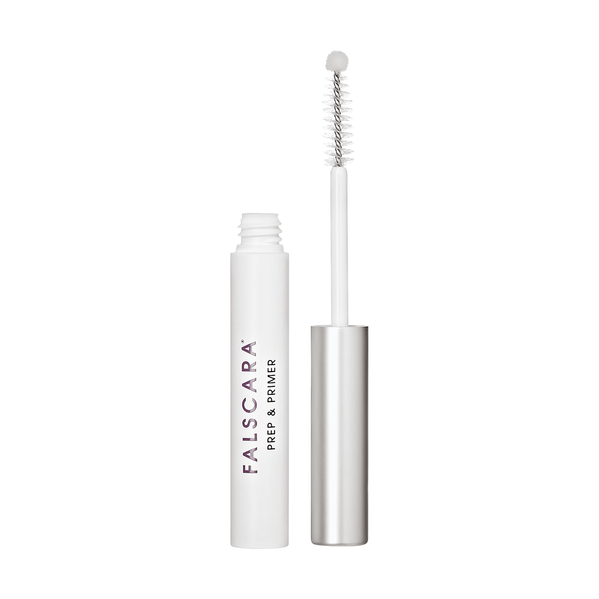 The image shows a cosmetic product consisting of a white cylindrical tube with a silver cap. The tube is labeled "FALSCARA PREP & PRIMER" in purple text. The cap is removed and placed next to the tube, revealing a brush applicator attached to the cap. The brush has a white handle and a spiral bristle design, commonly used for applying mascara or similar products. The overall design is sleek and modern, with a focus on simplicity and functionality.