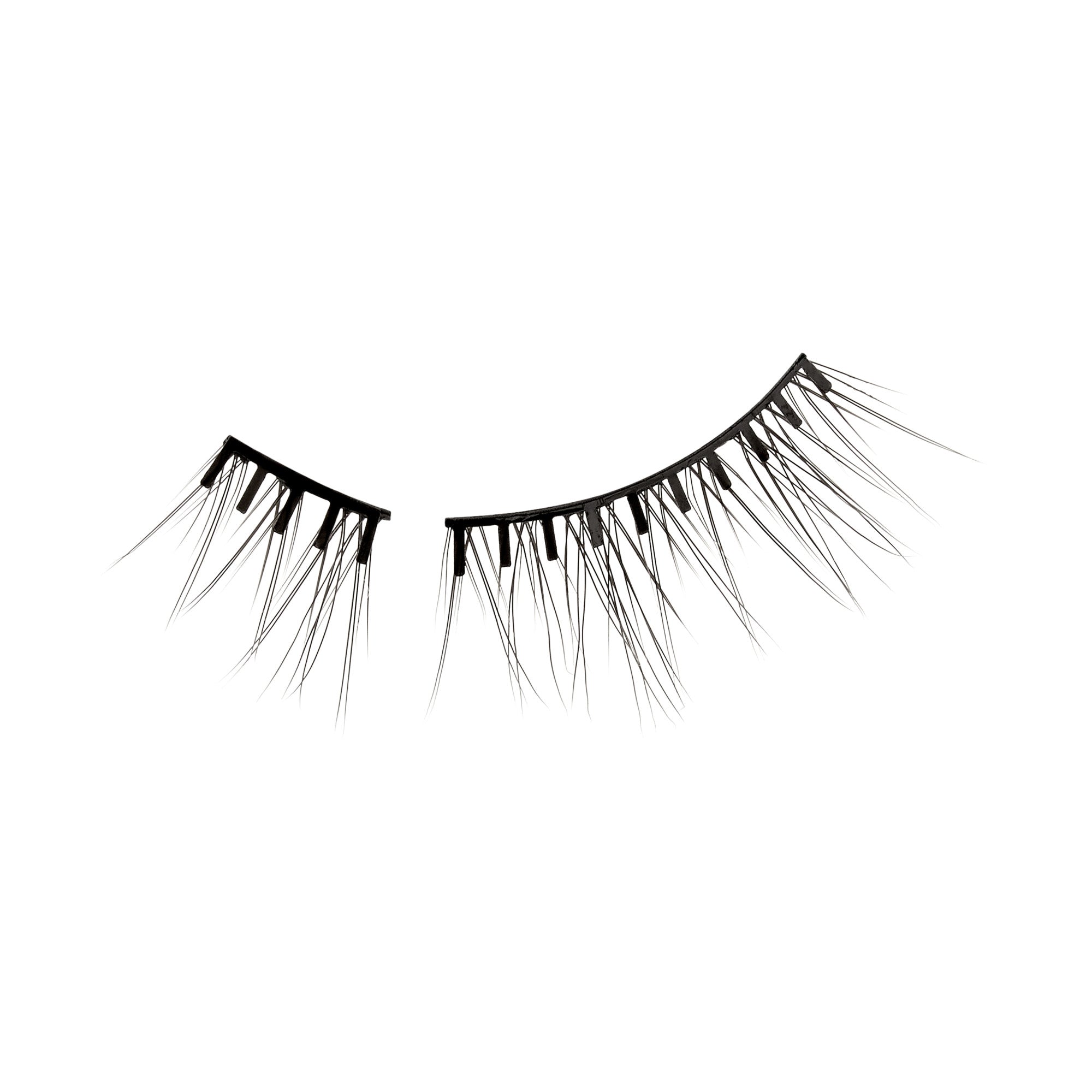 The image features a pair of false eyelashes. They are long and black, with a wispy design that gives a dramatic effect. The lashes are arranged in a way that enhances their volume and length, making them suitable for adding flair to eye makeup. The background is plain white, emphasizing the lashes&