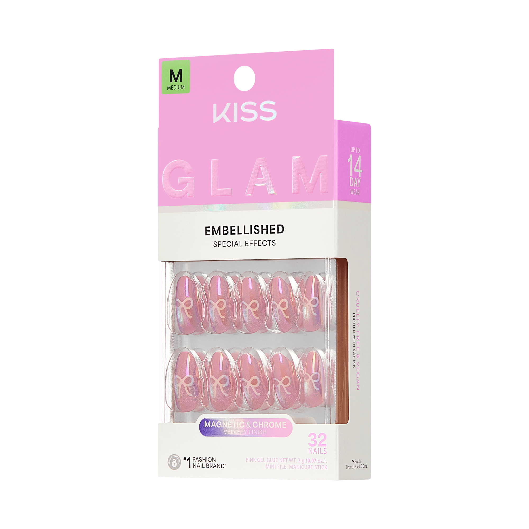 Kiss Glam Embellished Press On Fake Glue Nails - Happy Friday | 3D & Jewel Design, Pink, Medium, Almond