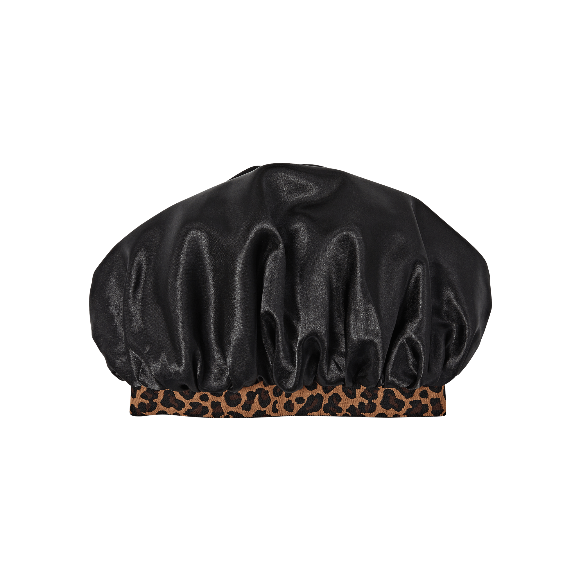 Black satin bonnet with leopard print elastic band