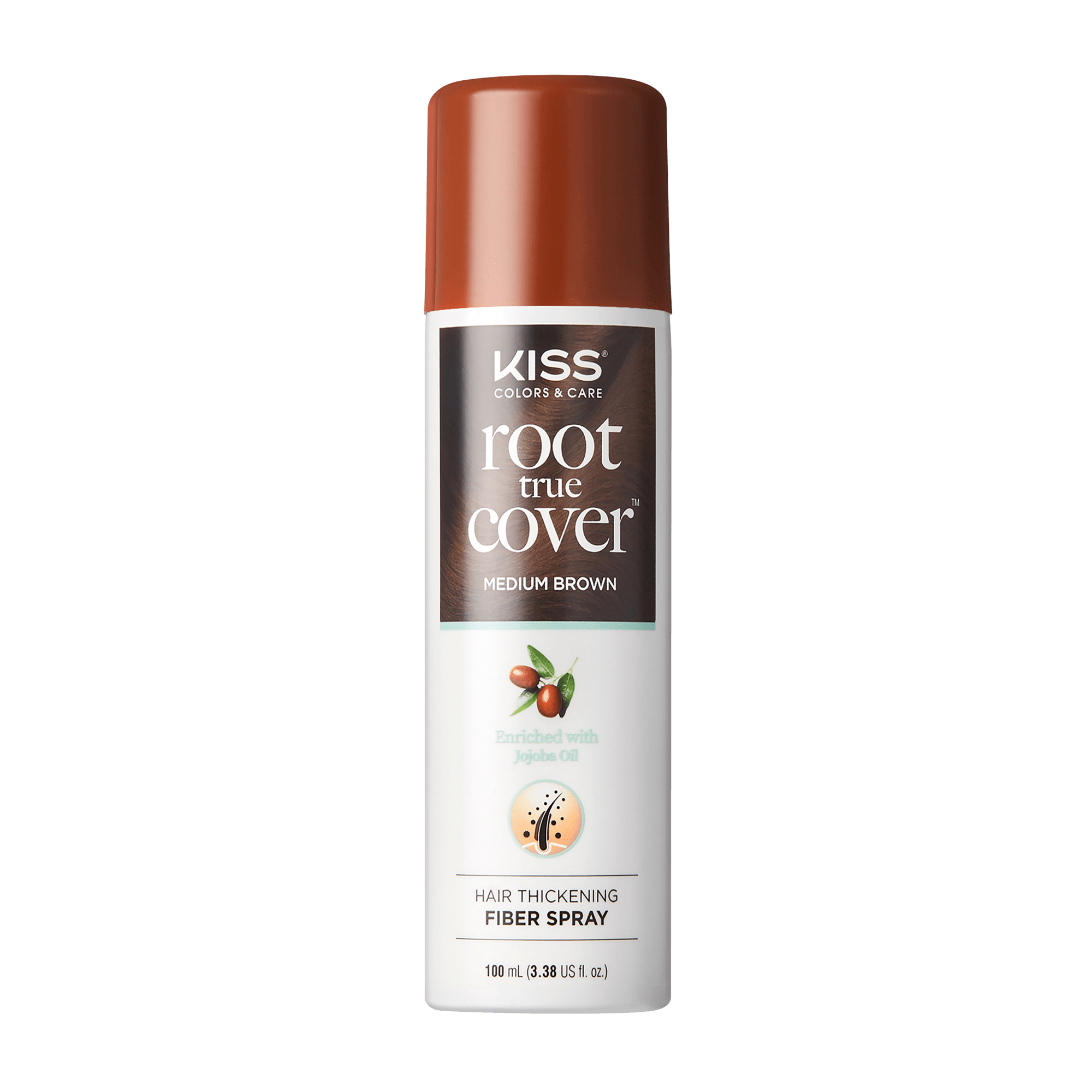 The image features a can of KISS Colors & Care Root True Cover Hair Thickening Fiber Spray. The can is predominantly white with a brown cap. It is labeled "Medium Brown" and highlights that it is infused with natural ingredients. The product is designed to help thicken hair, making it appear fuller. The can contains 100 ml (3.4 fl oz) of the spray.