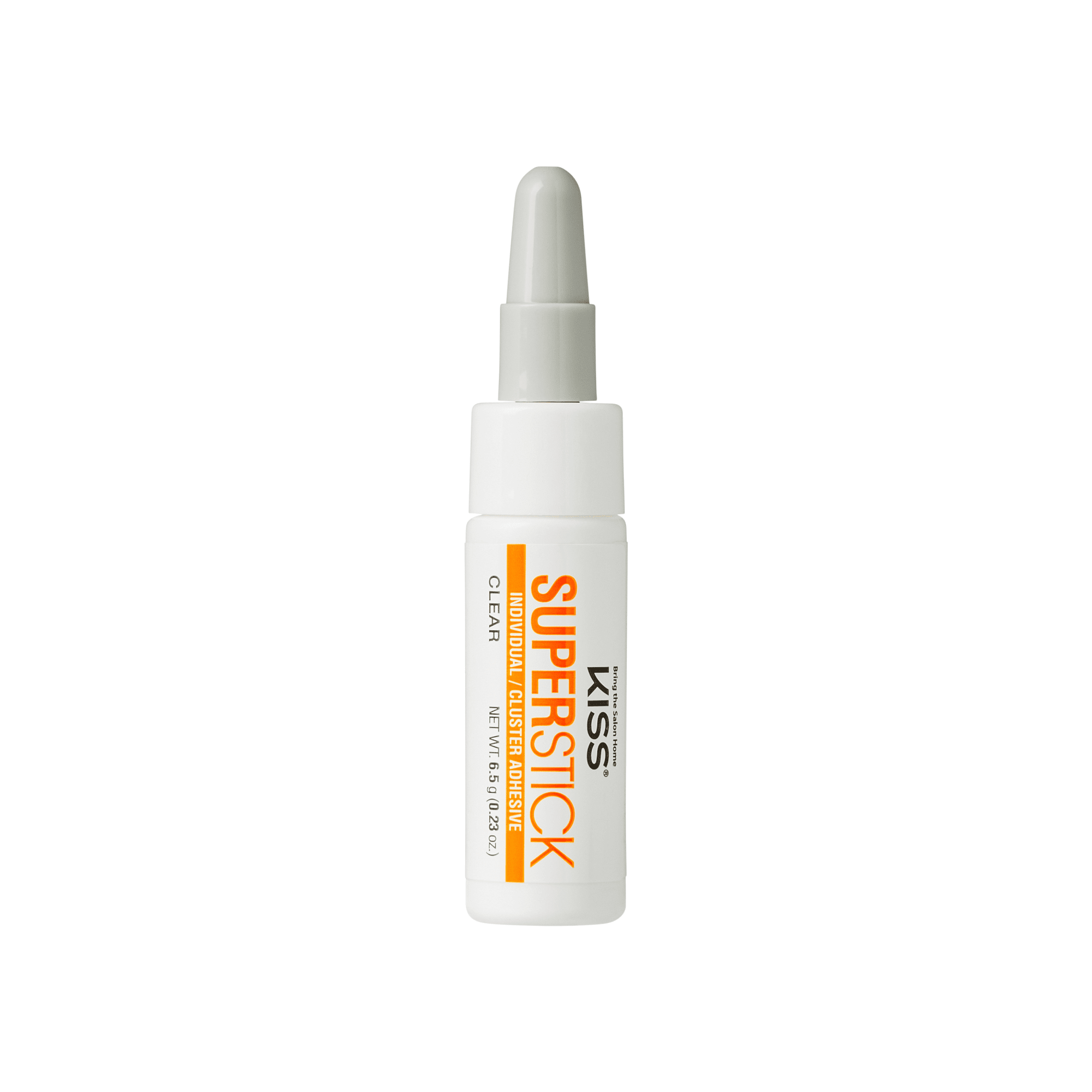 The image features a small, cylindrical bottle of adhesive labeled "KISS SUPERSTICK." The bottle is predominantly white with a clear cap and has an orange and yellow label indicating that it is a clear adhesive. The design is simple and modern, suggesting it is intended for use in beauty or craft applications. The product appears to be compact and easy to handle.