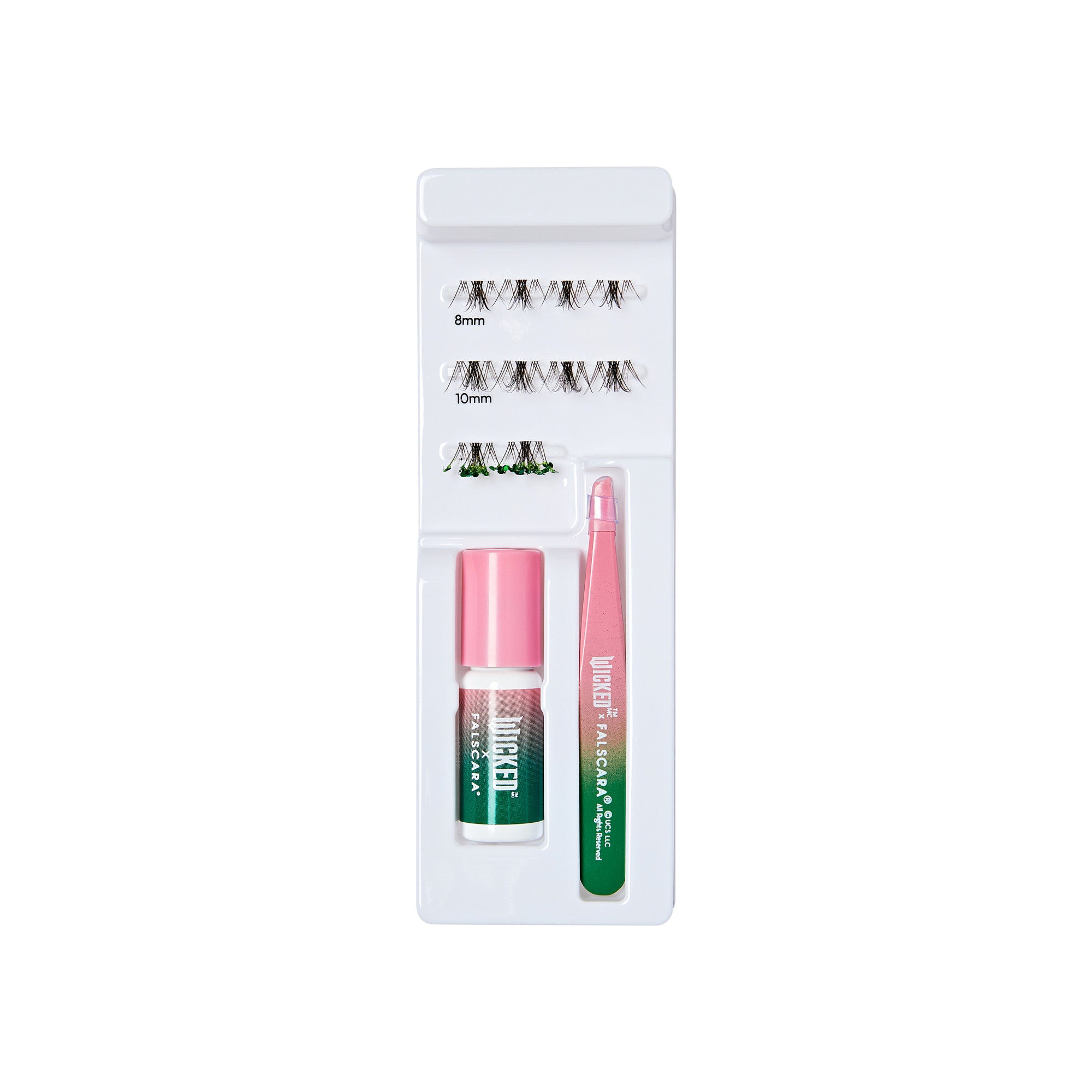 The image features a beauty product kit designed for eyelash application. It includes several pairs of false eyelashes in two different lengths: 8mm and 10mm. The kit also contains a small bottle of adhesive for securing the lashes and a pair of tweezers, which are likely used for precise application. The packaging is neatly organized, with the items displayed in a compact, rectangular case. The color scheme of the packaging includes shades of pink and green.