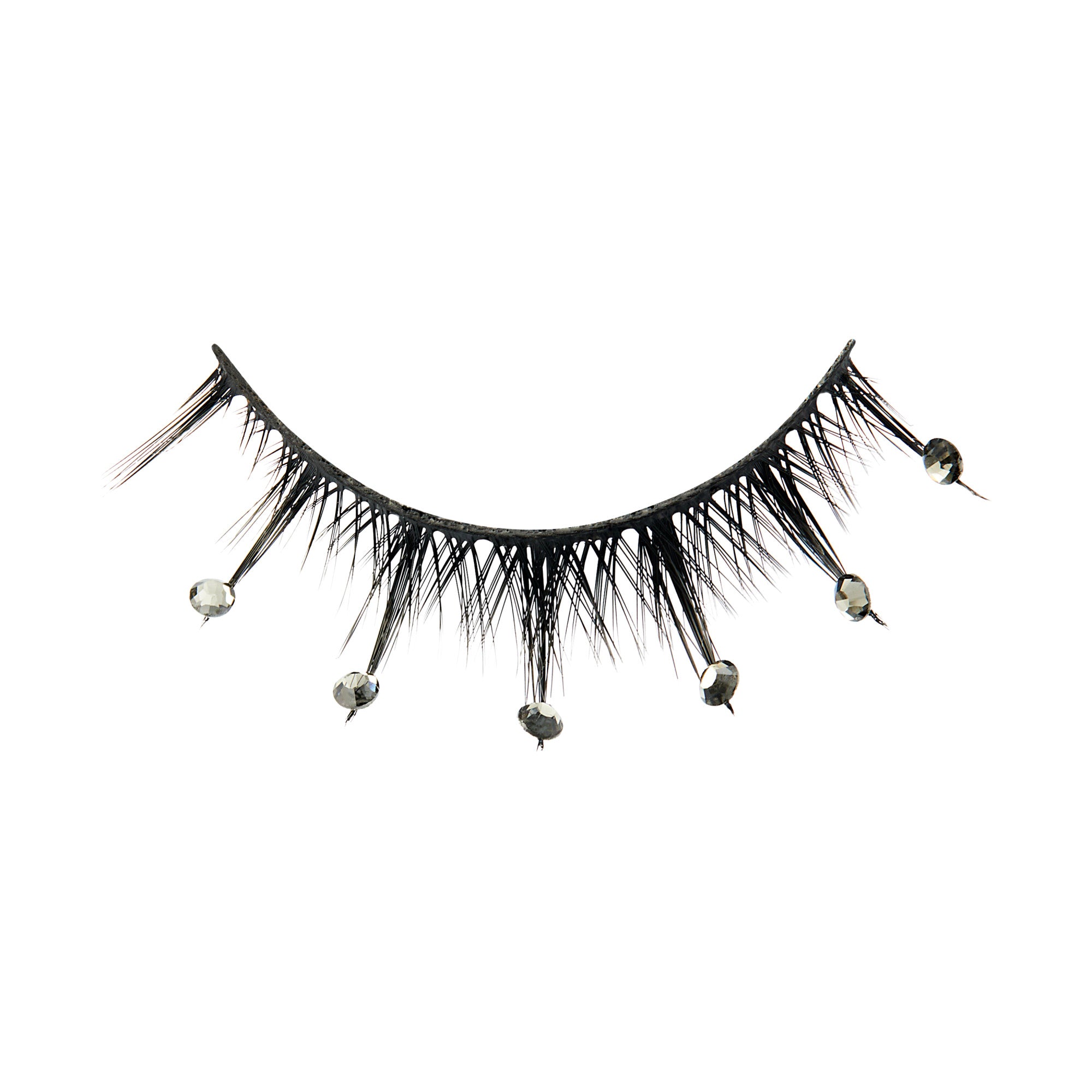 Black false eyelash with spaced silver gem stickers attached at varying intervals along the lower lash edges, shown on a white background.