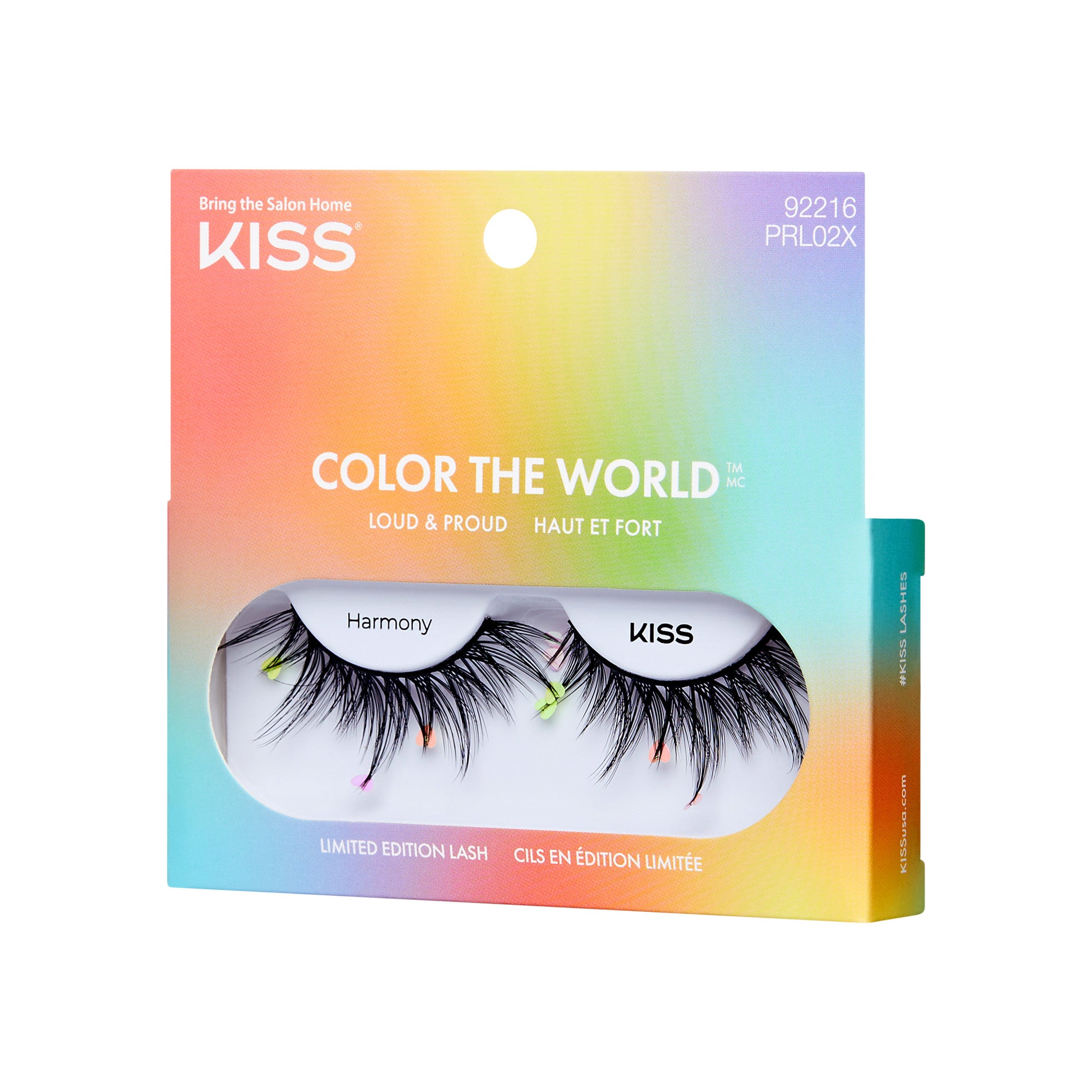 The image shows a package of false eyelashes from the brand "KISS." The product is named "Color the World" and features the style "Loud & Proud." The packaging is colorful, with a gradient of pink, orange, and blue hues. The lashes themselves are black with multicolored tips, adding a vibrant touch. The package also mentions "Limited Edition Lash" and has the product code "92216 PRL02X." The tagline "Bring the Salon Home" is displayed at the top left corner of the package.