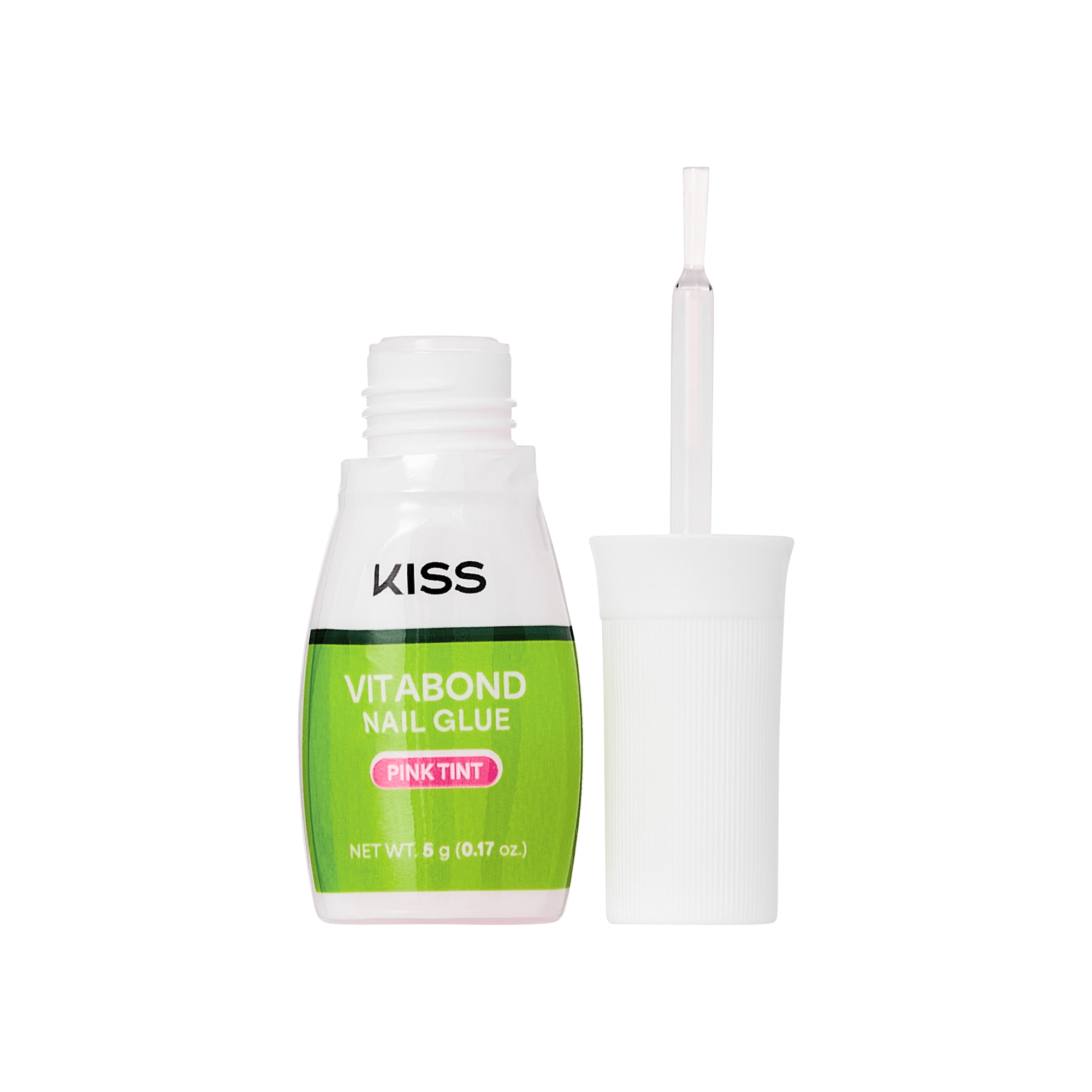 KISS VitaBond Brush-On Nail Glue bottle with white cap and brush applicator, green label stating \