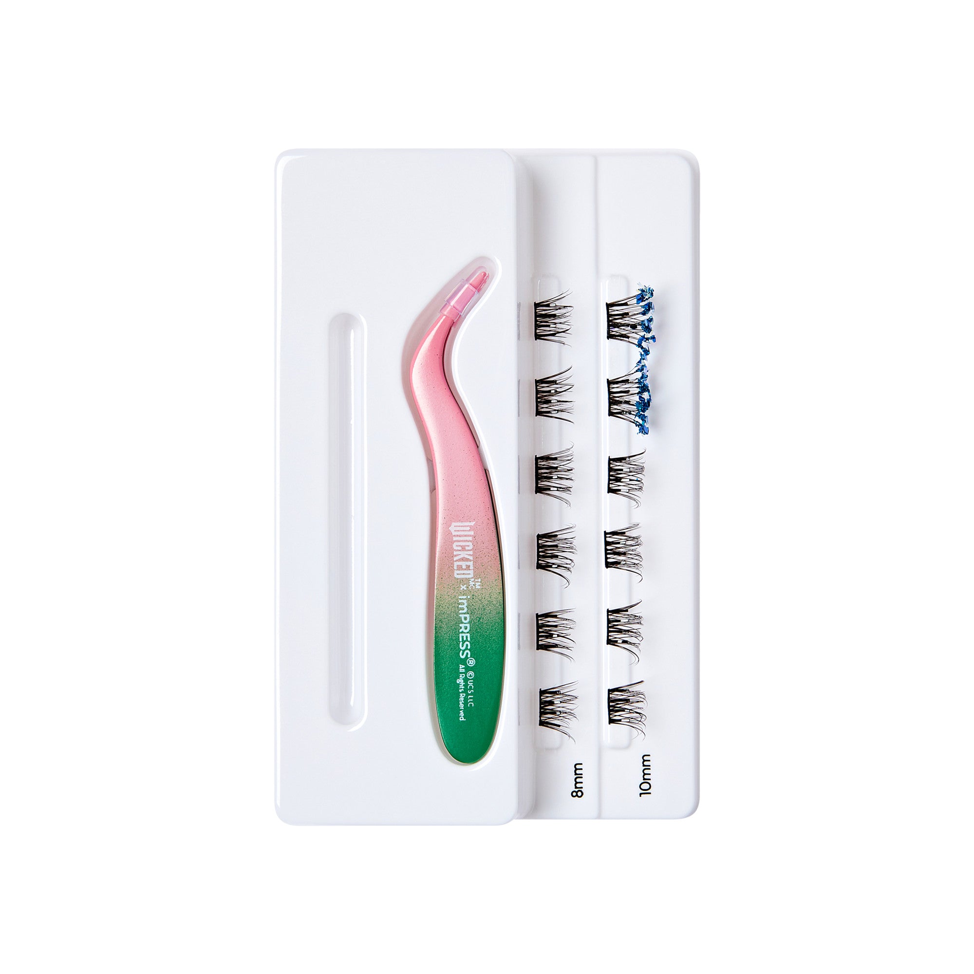 The image features a lash extension kit. It includes a pair of tweezers with a pink and green gradient handle, designed for precision application. Next to the tweezers, there are two rows of individual lash extensions, labeled with their lengths: 8mm and 10mm. The lashes are neatly arranged on a white tray, showcasing their varying lengths for easy selection during application. The overall presentation is clean and organized, ideal for beauty professionals or enthusiasts.