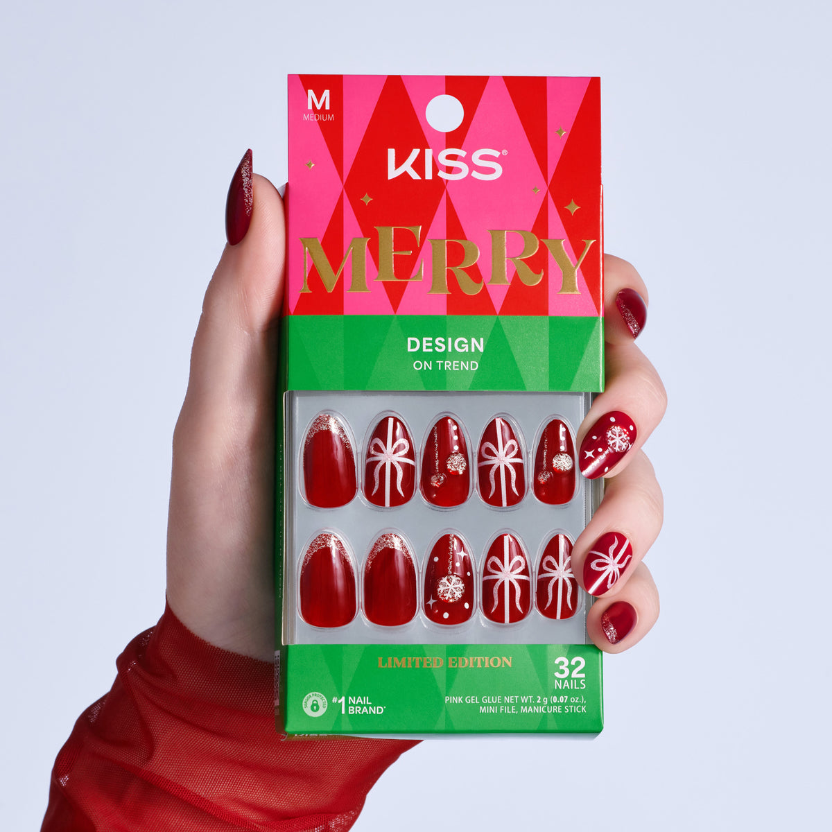 Kiss Merry Holiday Press On Fake Glue Nails - Deck The Nails | Design, Red & White, Medium, Almond