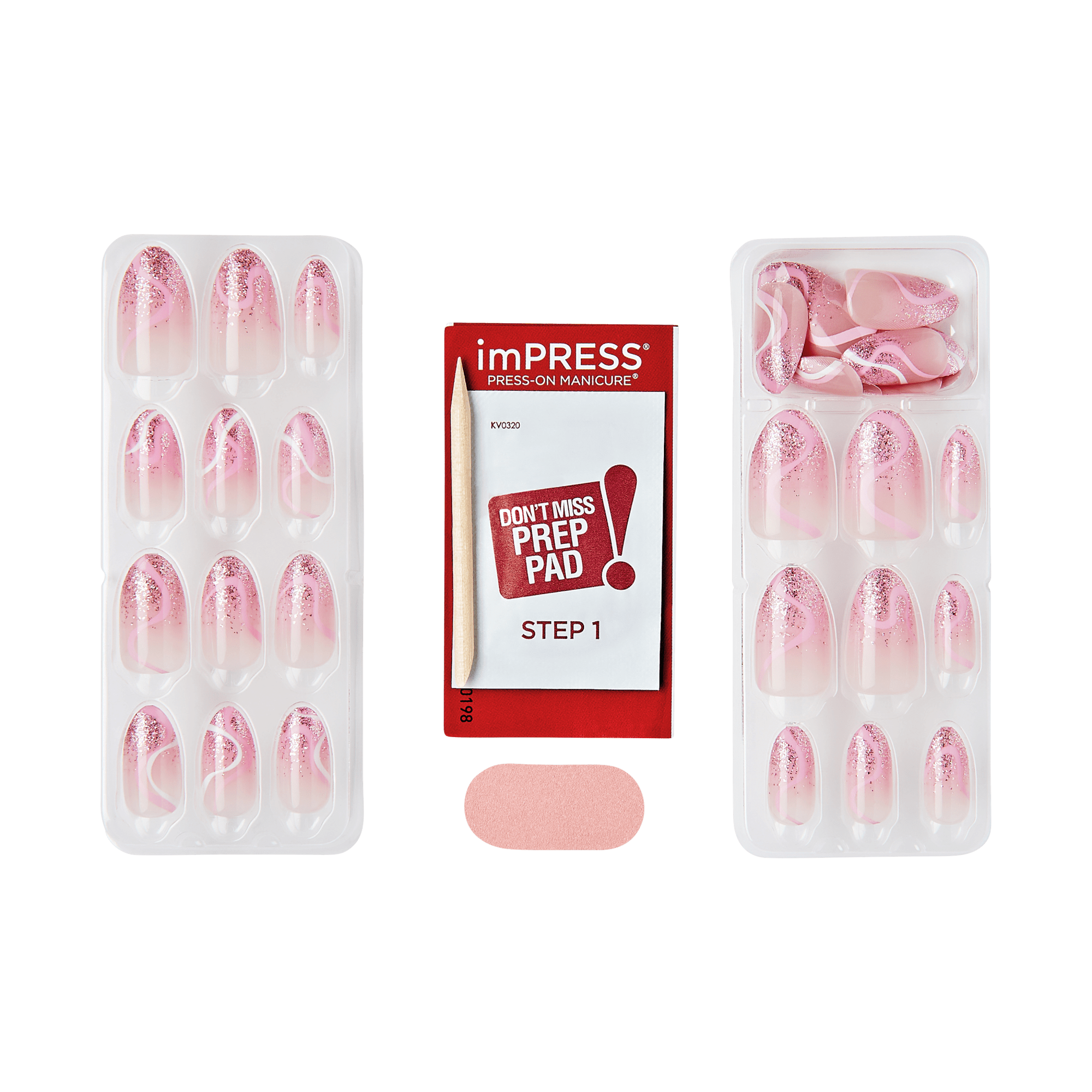 imPRESS Press-On Manicure pink glitter nails with prep pad and applicator kit.