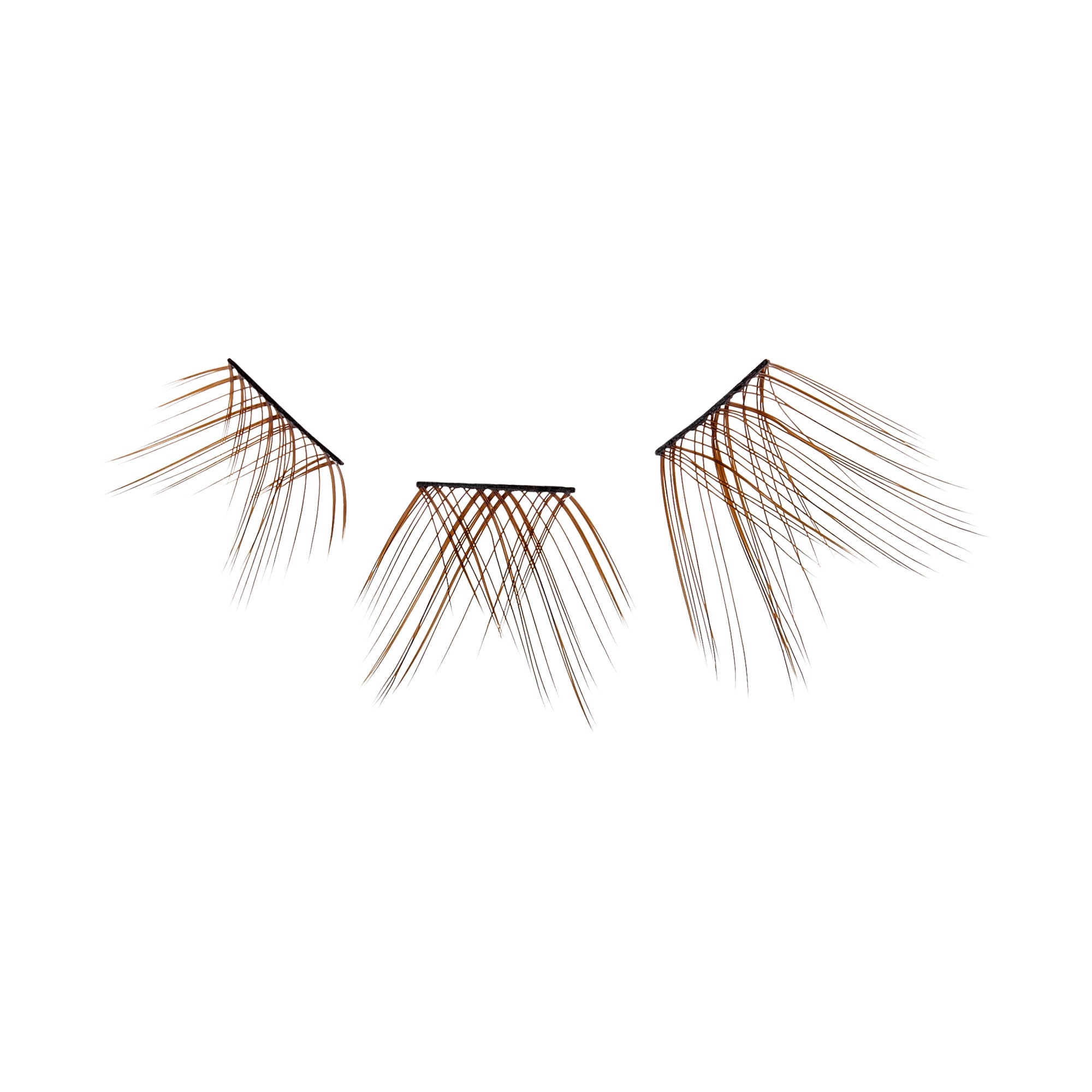 The image shows three sets of false eyelashes arranged on a white background. Each set consists of a small strip with long, fine, and wispy lashes extending from it. The lashes are brown in color and appear to be designed for enhancing the outer corners of the eyes, as they are shorter on one end and gradually lengthen towards the other end. The strips are positioned in a way that suggests they are ready to be applied.