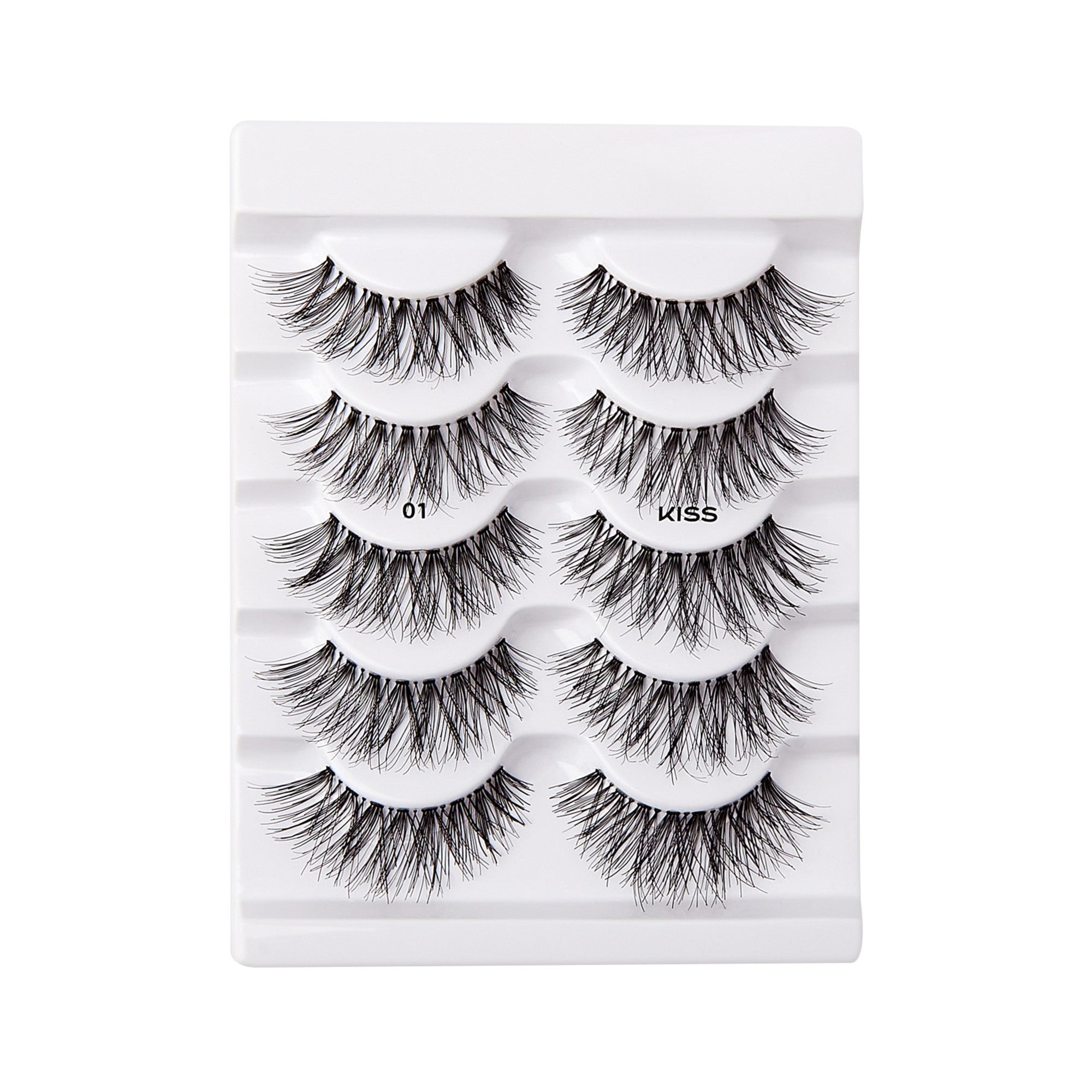 Five pairs of black wispy false eyelashes neatly arranged in a white plastic tray, labeled with \