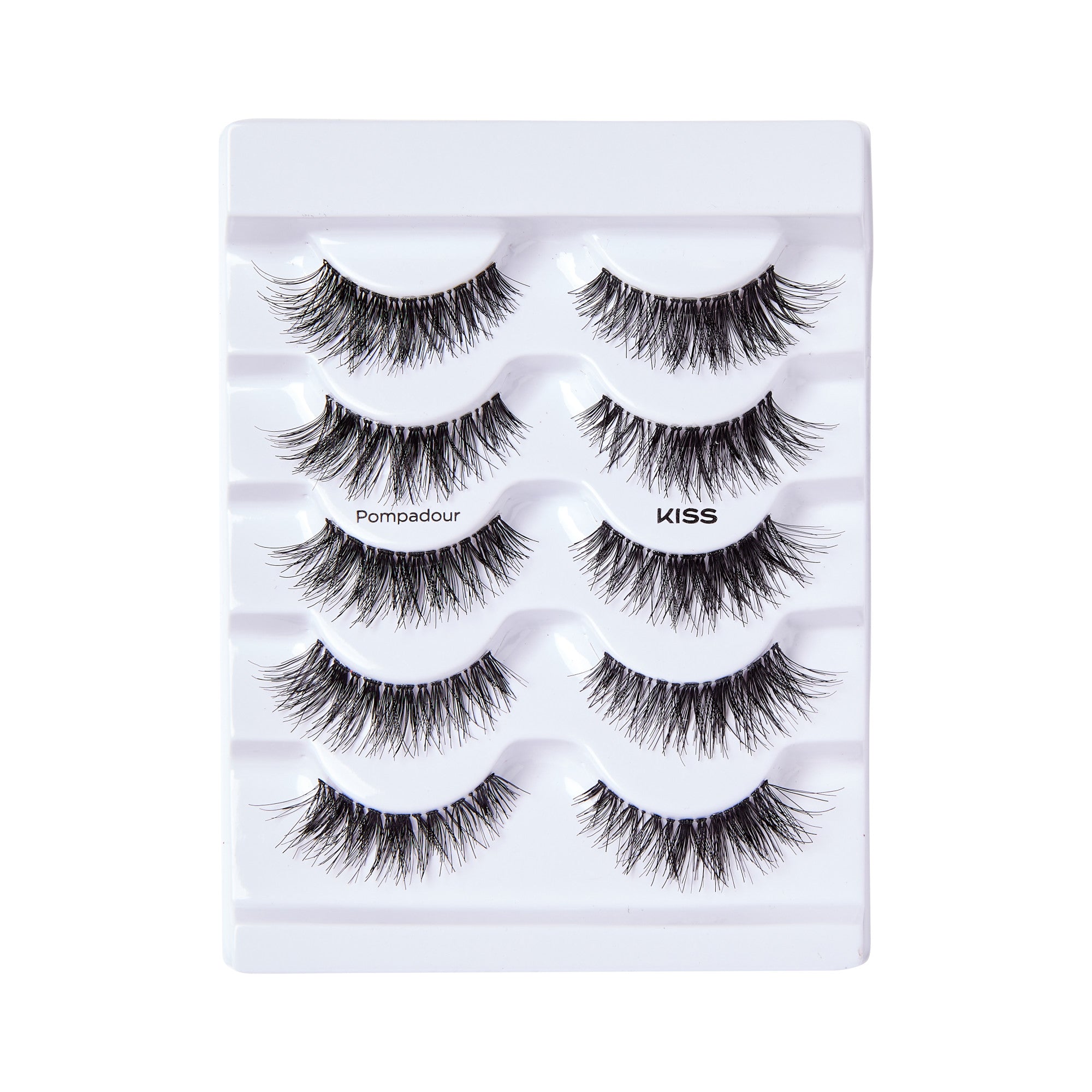 Five pairs of black, wispy false eyelashes neatly arranged in a white plastic tray, with \