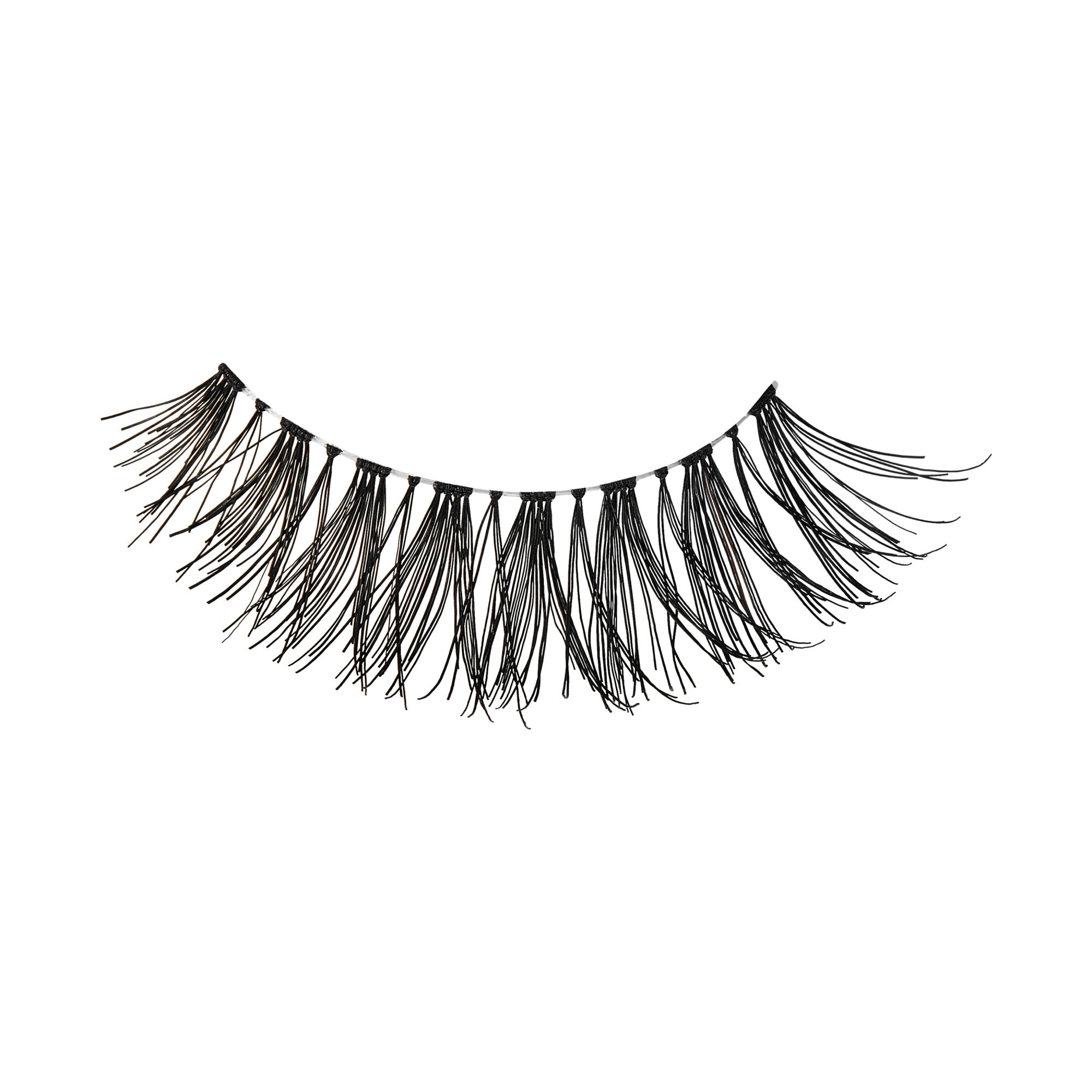 The image features a pair of false eyelashes. They are long and dramatic, with a variety of lengths among the individual strands, creating a feathery appearance. The lashes are predominantly black and are arranged in a curved shape, designed to enhance the eyes when applied. The background is plain white, emphasizing the detail and texture of the lashes.
