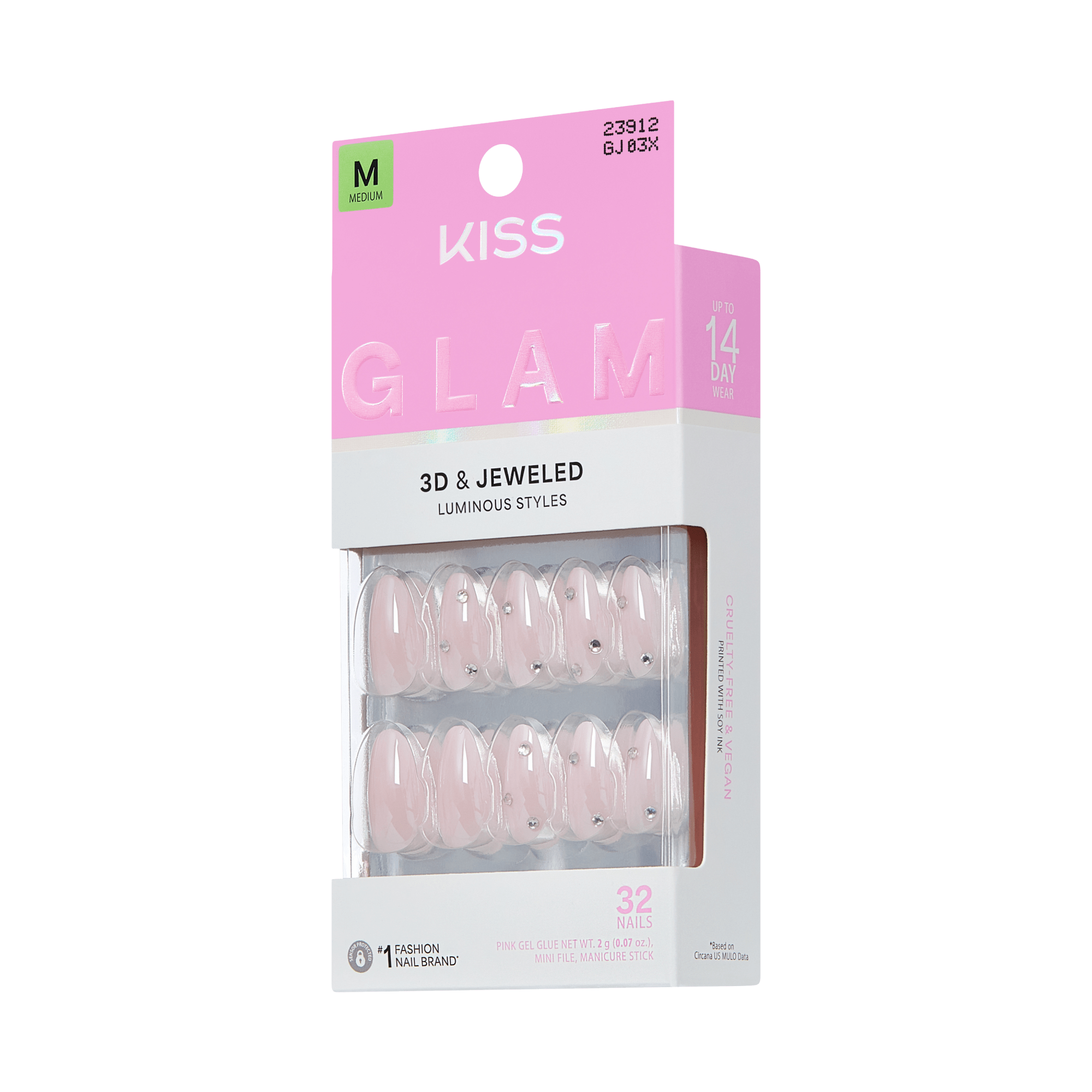 Kiss Glam Jeweled Press On Fake Glue Nails - Candy Dust | 3D & Jeweled, Pink, Medium, Almond