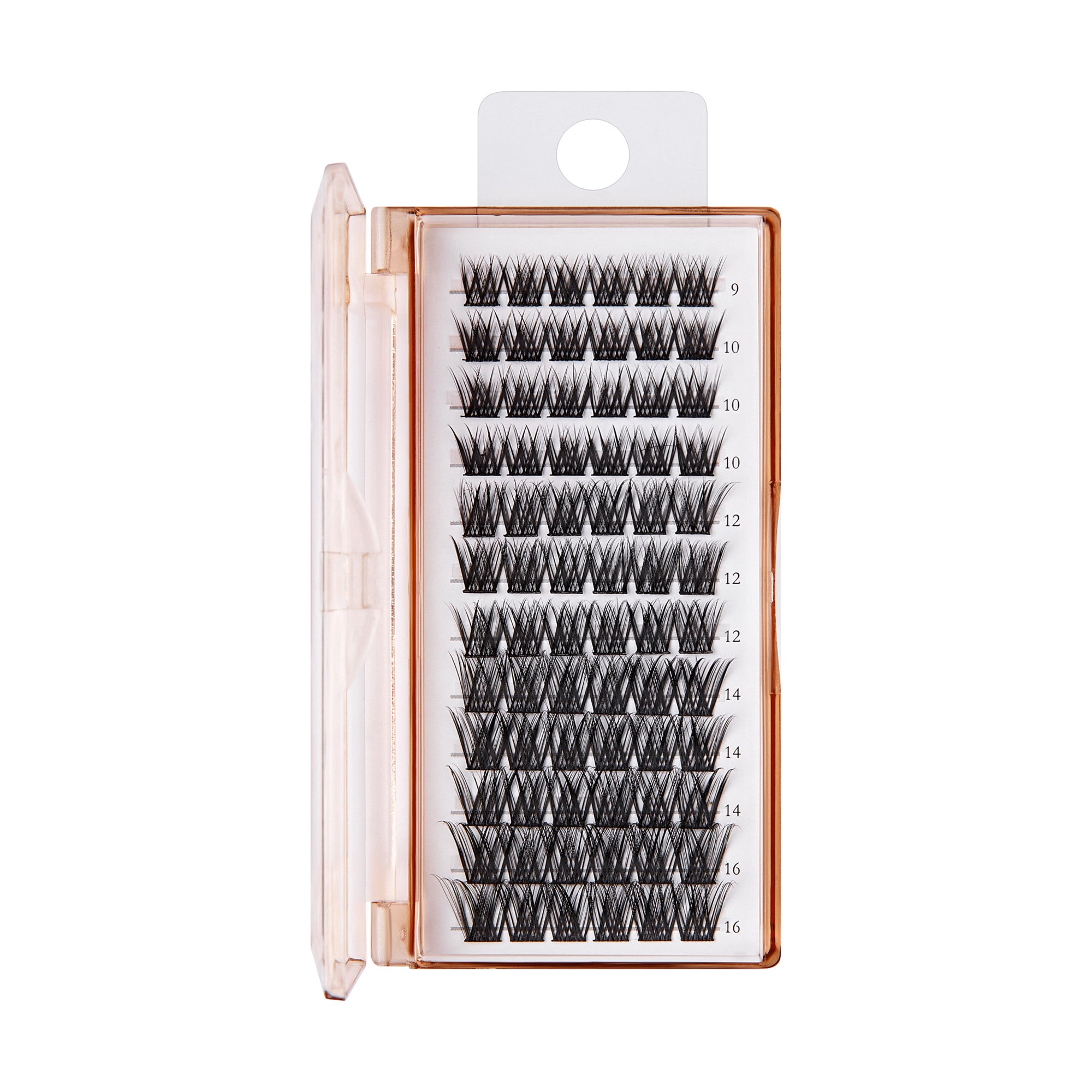 The image features a clear plastic case containing individual false eyelashes. The case is organized with multiple rows of lashes, each labeled with different lengths ranging from 9mm to 16mm. The lashes are black and have a natural, wispy appearance, designed to enhance the look of natural eyelashes. The packaging is sleek and compact, making it easy to store and transport.