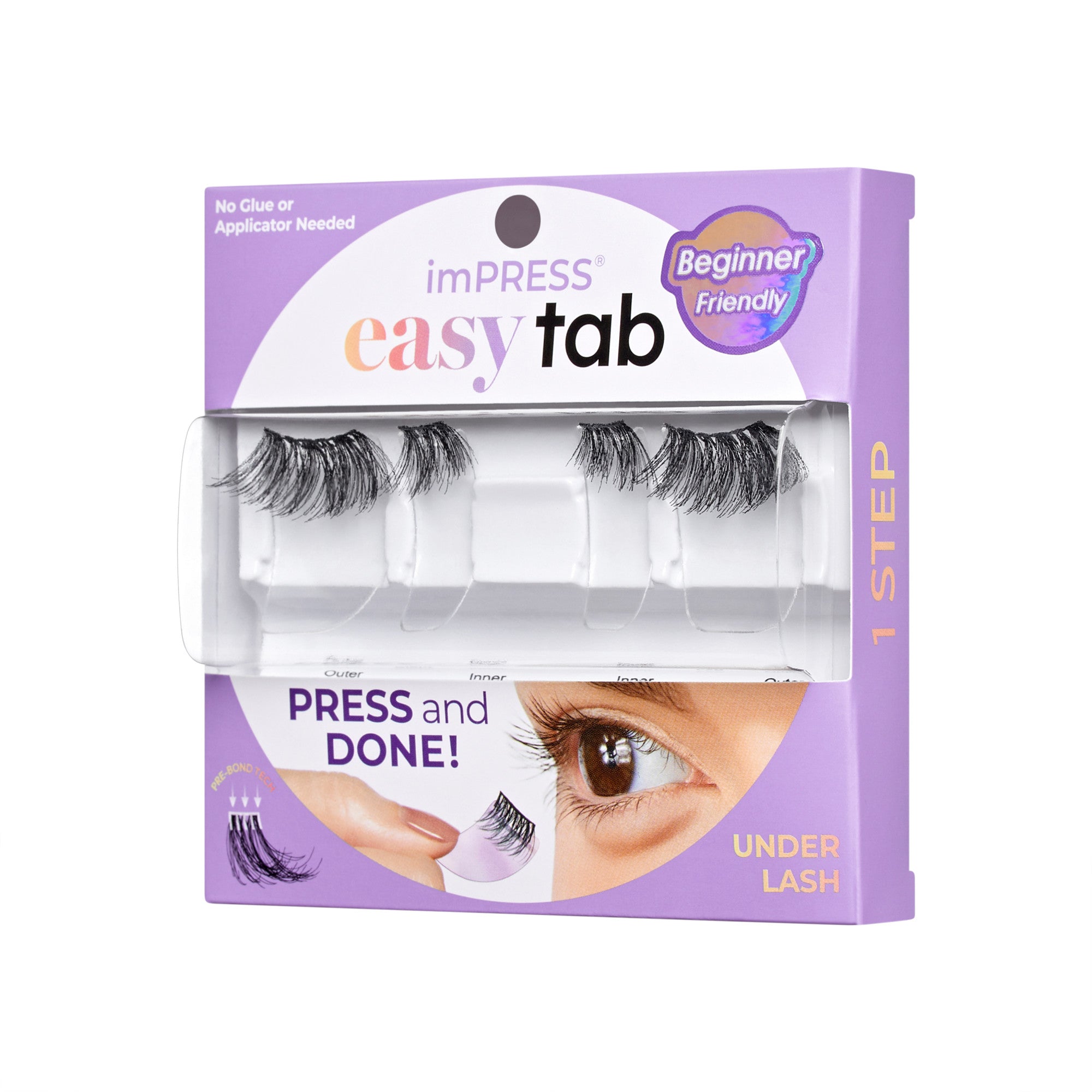 The image features a packaging for imPRESS Easy Tab false eyelashes. The box is predominantly purple and labeled as "Beginner Friendly." It highlights that no glue or applicator is needed for application. The packaging showcases a set of false eyelashes, emphasizing the ease of use with the phrase "PRESS and DONE!" The product is designed for under lash application and is presented in a clear compartment within the box.