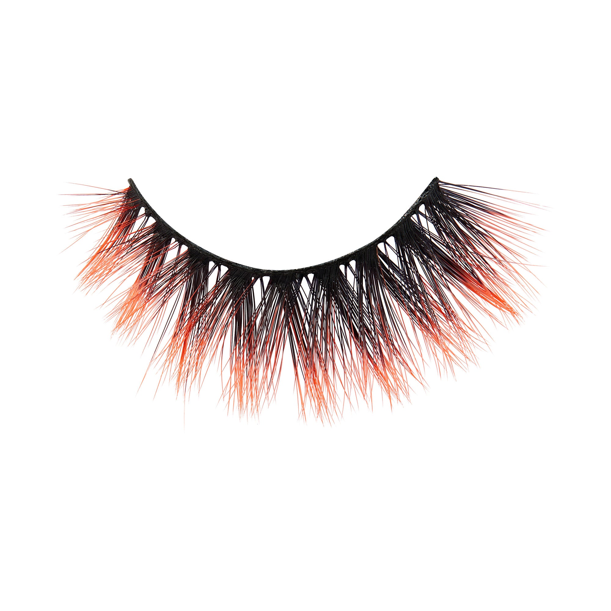 Single black false eyelash with long, spiky fibers tinted bright orange at the tips, designed for Halloween-themed makeup.
