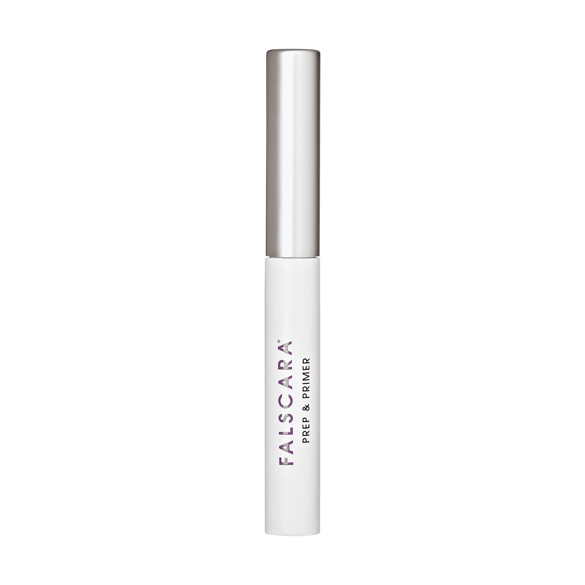 The image shows a cylindrical cosmetic product with a sleek design. The product has a white body with a metallic silver cap. The body of the product is labeled with the brand name "FALSCARA" in purple text, and below it, the words "PREP & PRIMER" are written in smaller black text. The overall design is minimalistic and modern, suggesting it is a beauty product, likely used for preparing and priming before applying makeup.