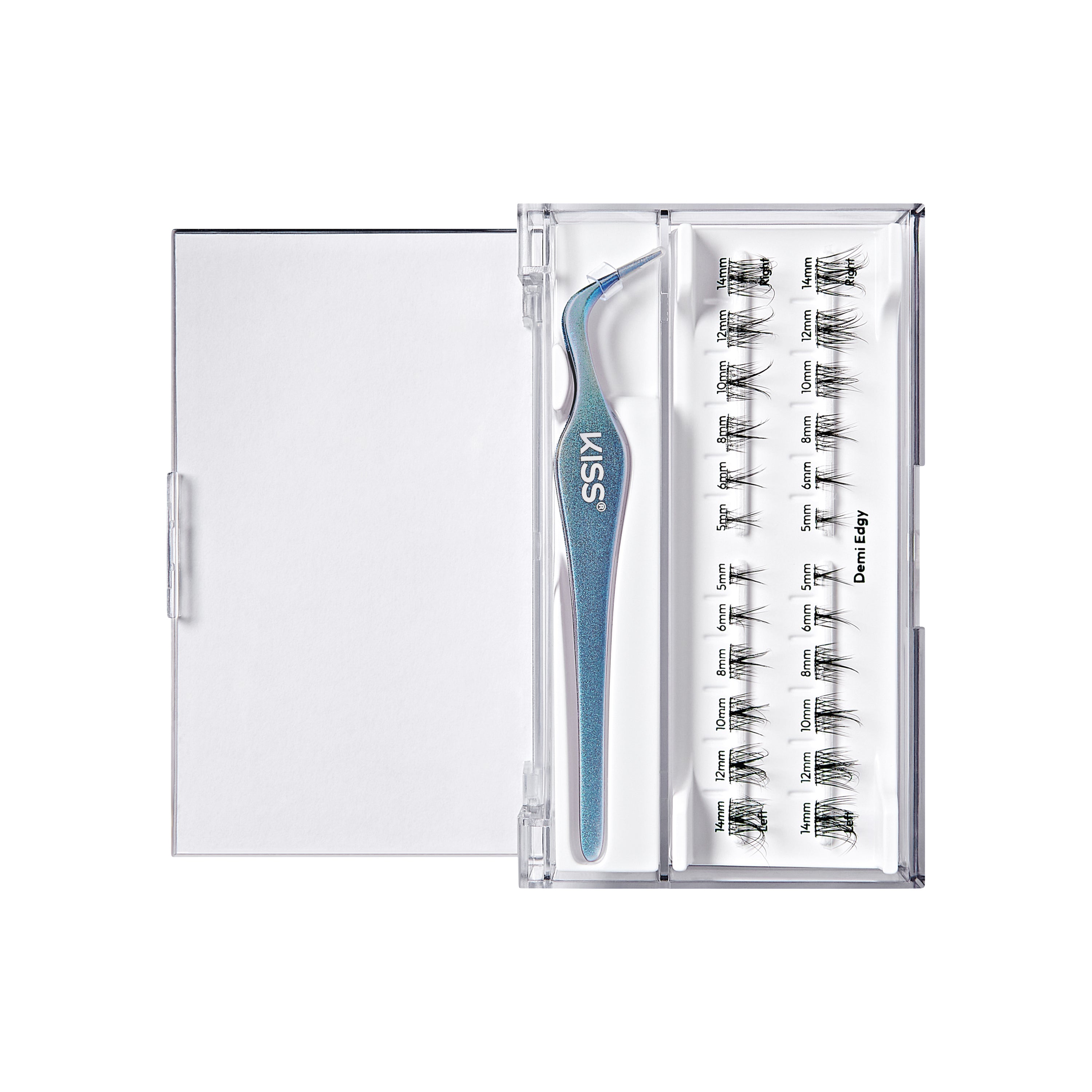 The image features a clear plastic case containing a set of individual false eyelashes. Inside the case, there are several clusters of lashes arranged neatly, along with a pair of tweezers designed for easy application. The tweezers have a blue handle and are positioned next to the lashes. The packaging is labeled with the brand name "KISS." The overall presentation is clean and organized, highlighting the product&