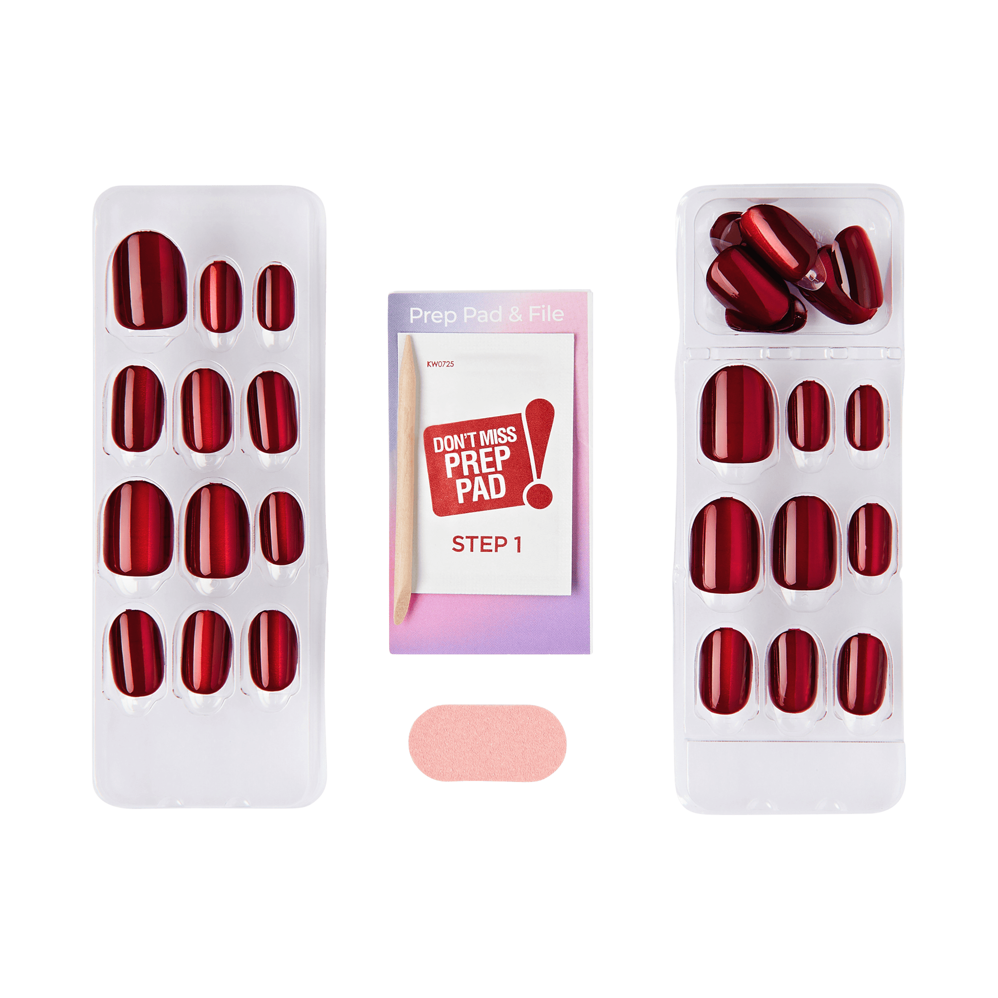 The image displays a set of artificial nails and nail care accessories. There are two trays of red, glossy, press-on nails in various sizes. In the center, there is a package labeled "Prep Pad & File" with the text "DON&