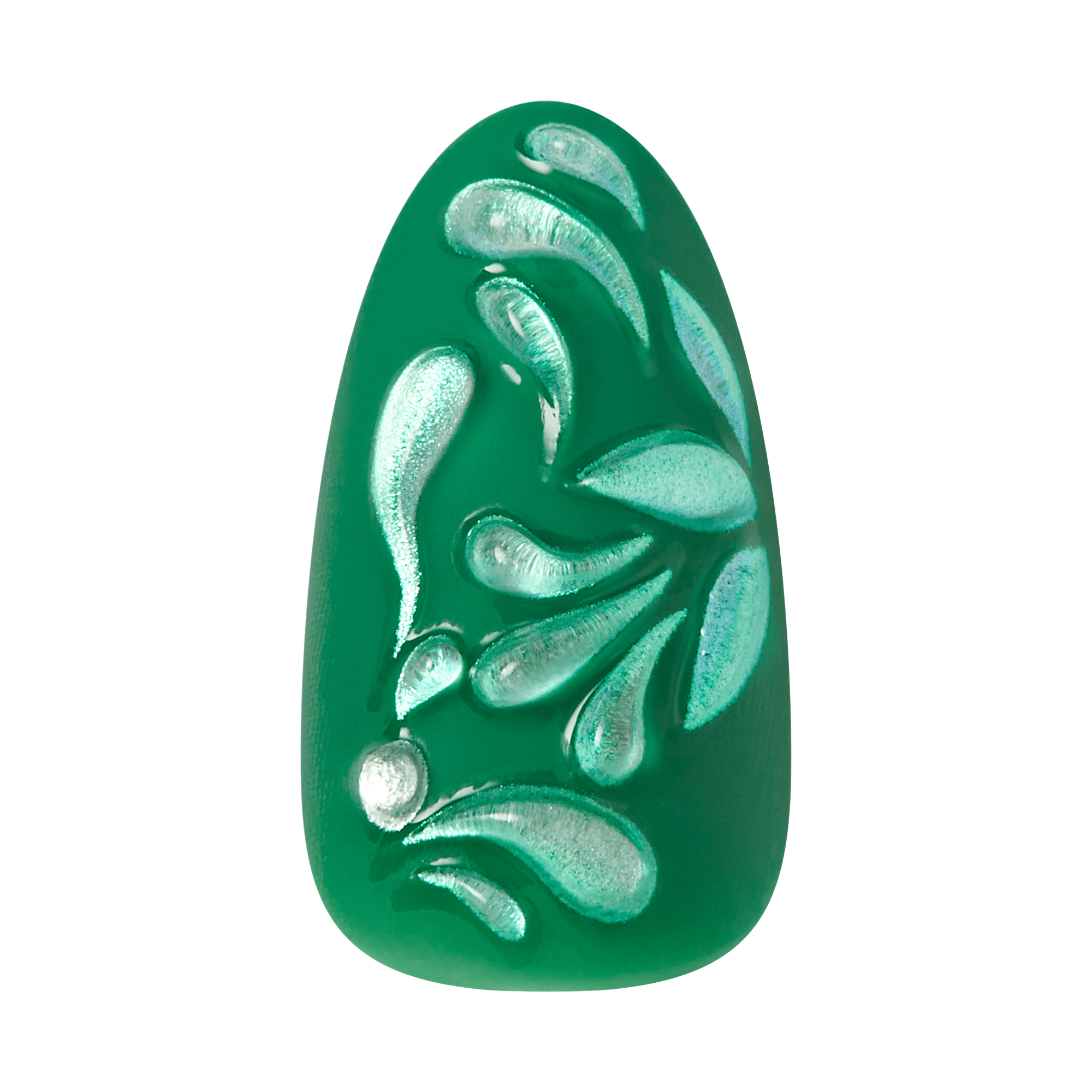 Single almond-shaped press-on nail in dark green with silver 3D embossed floral leaf design on a transparent background