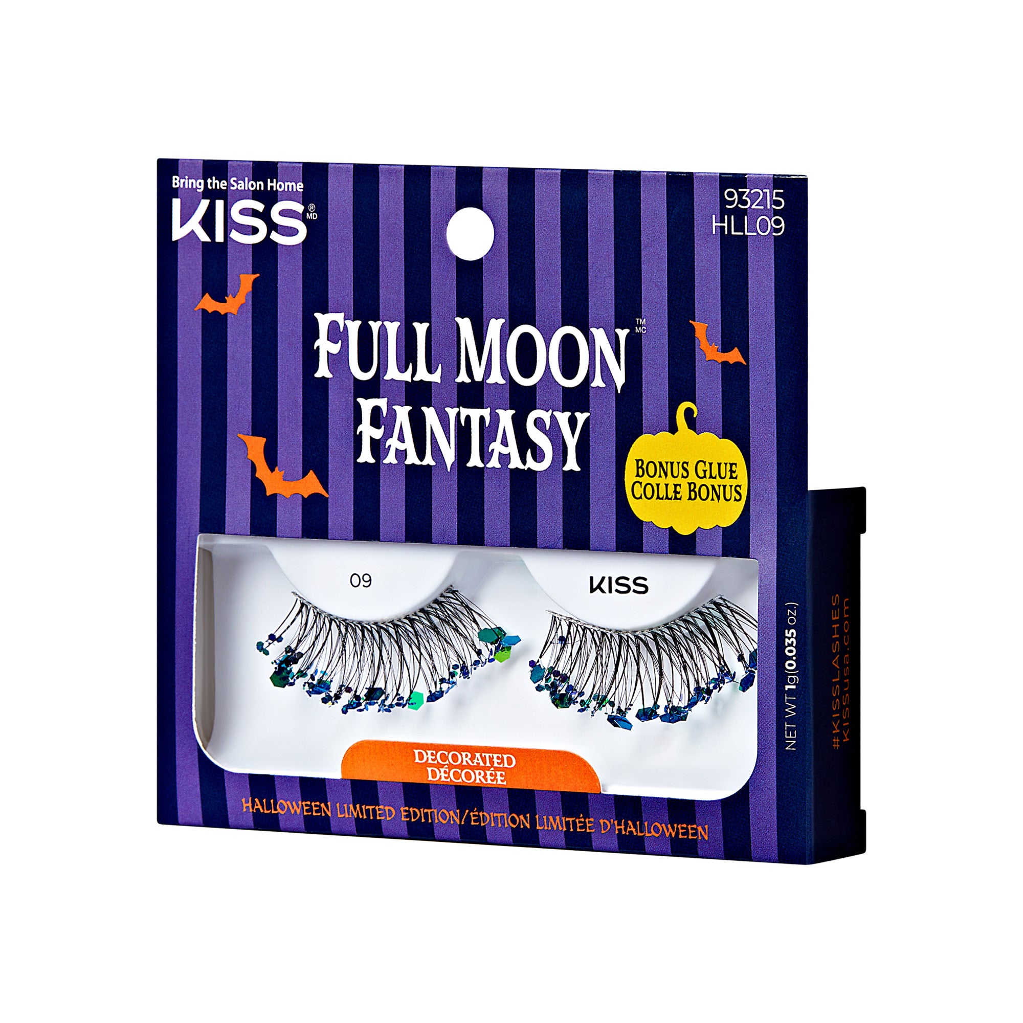 The image shows a package of false eyelashes from the brand "KISS." The product is named "Full Moon Fantasy" and is part of a Halloween limited edition. The packaging is predominantly dark blue with vertical stripes and features Halloween-themed graphics such as a pumpkin and a bat. The package includes a bonus glue. The eyelashes are decorated and have the number "09" on them. The text on the package is in both English and French.