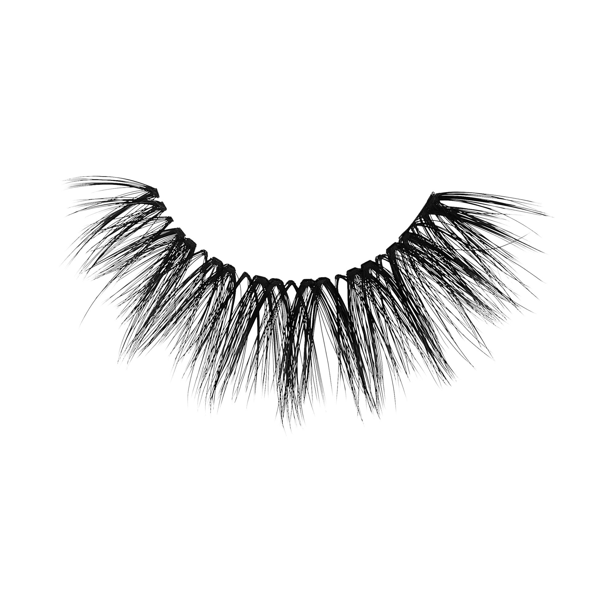 Single strip of black false eyelashes with a crisscross pattern, showing thin, voluminous fibers designed for a dramatic 3D effect.