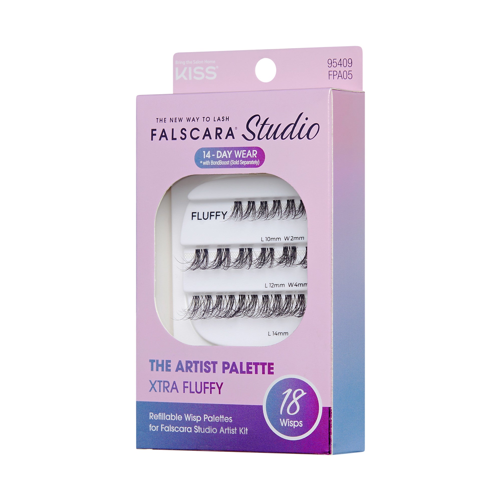 The image features a product packaging for "Falscara Studio" by Kiss, specifically the "Artist Palette" in the "Xtra Fluffy" style. The box is designed with a gradient color scheme transitioning from purple to pink. It prominently displays the product name and highlights that it offers 14-day wear. Inside the box, there are three rows of false eyelashes, labeled with their lengths (L: 12mm, W: 12mm). The packaging emphasizes the versatility of the product, suitable for creating various lash looks.