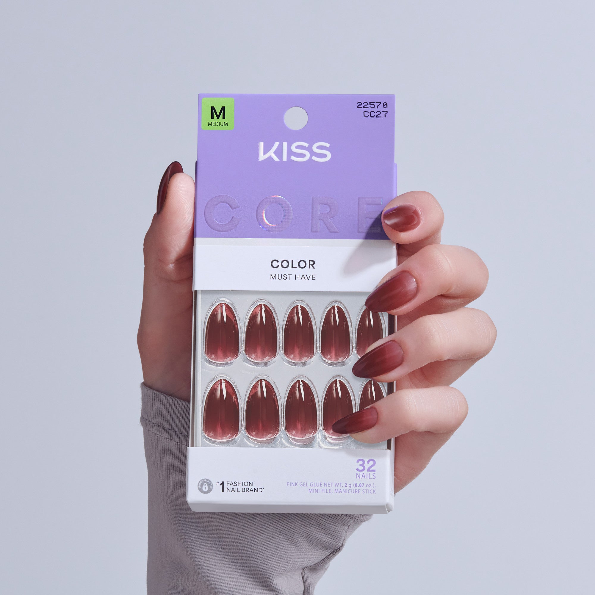 KISS Core Color Must Have press-on nails in burgundy, size Medium, 32 nails.