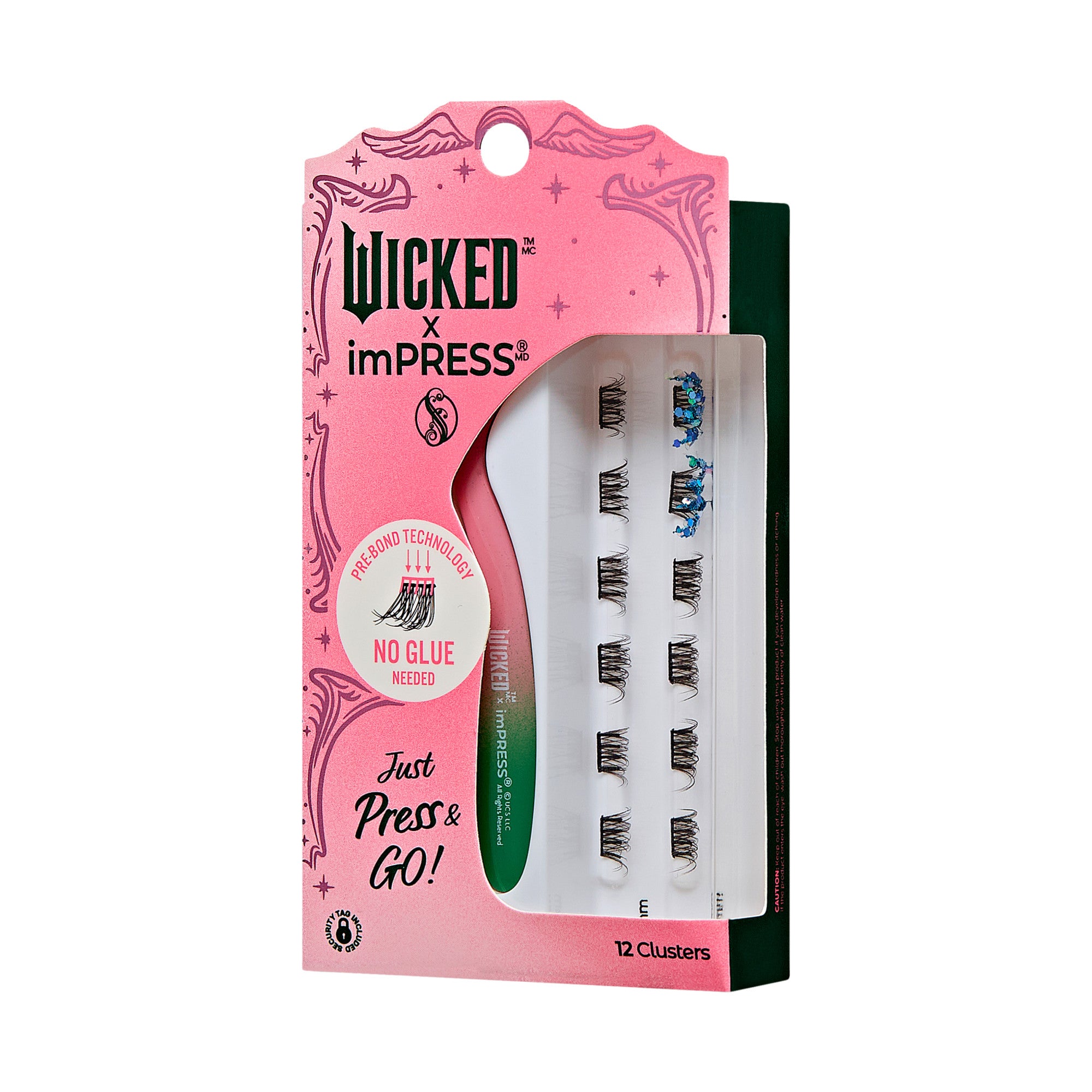 Wicked x imPRESS press-on nails, 12 clusters, no glue needed, pink packaging